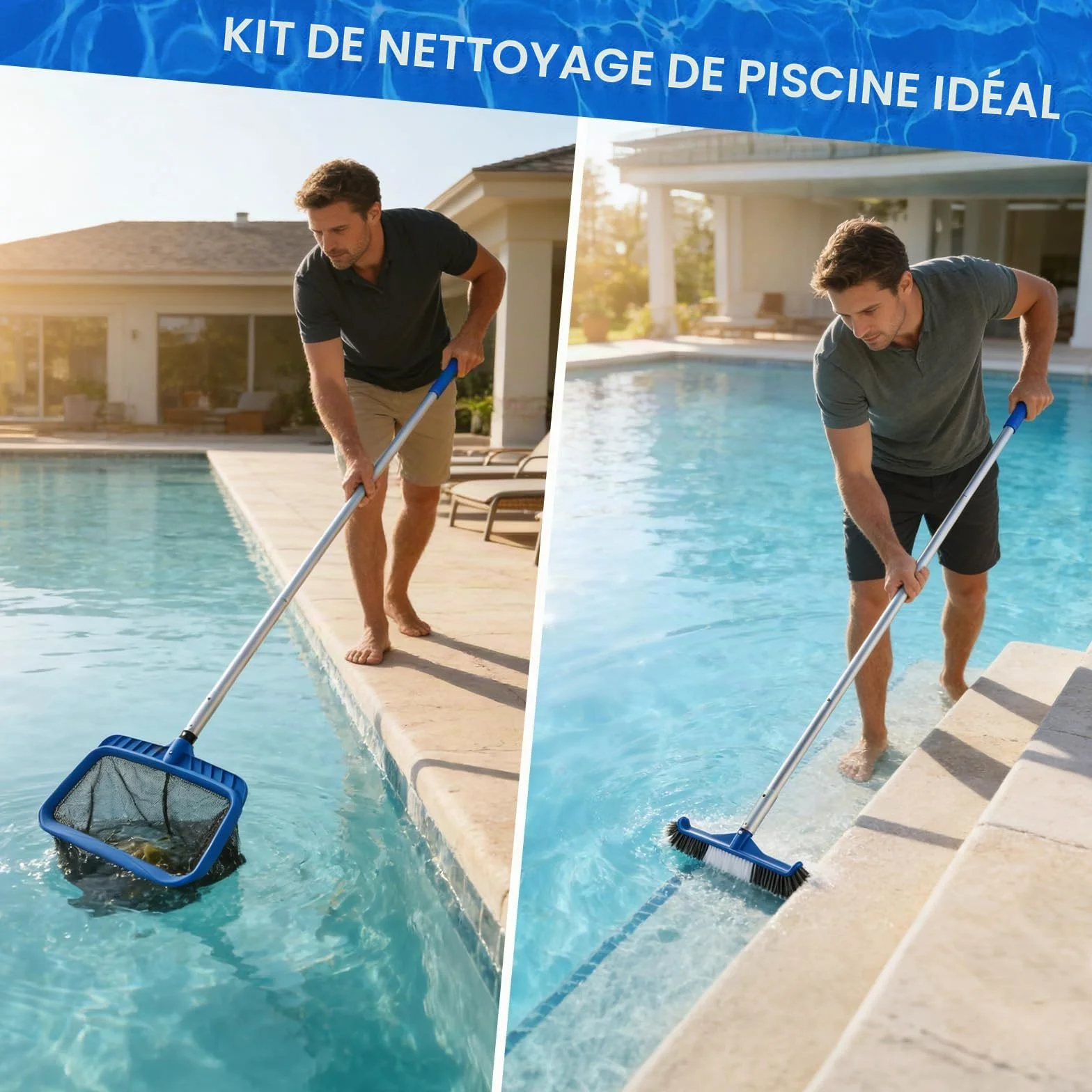 Kit de Nettoyage pour Piscine - Épuisette Piscine à Mailles Extra Fines et Brosse Piscine 45cm avec Manche 4 Sections pour Skimmer, Ramassage Feuilles - Accessoire Piscine Hors Sol