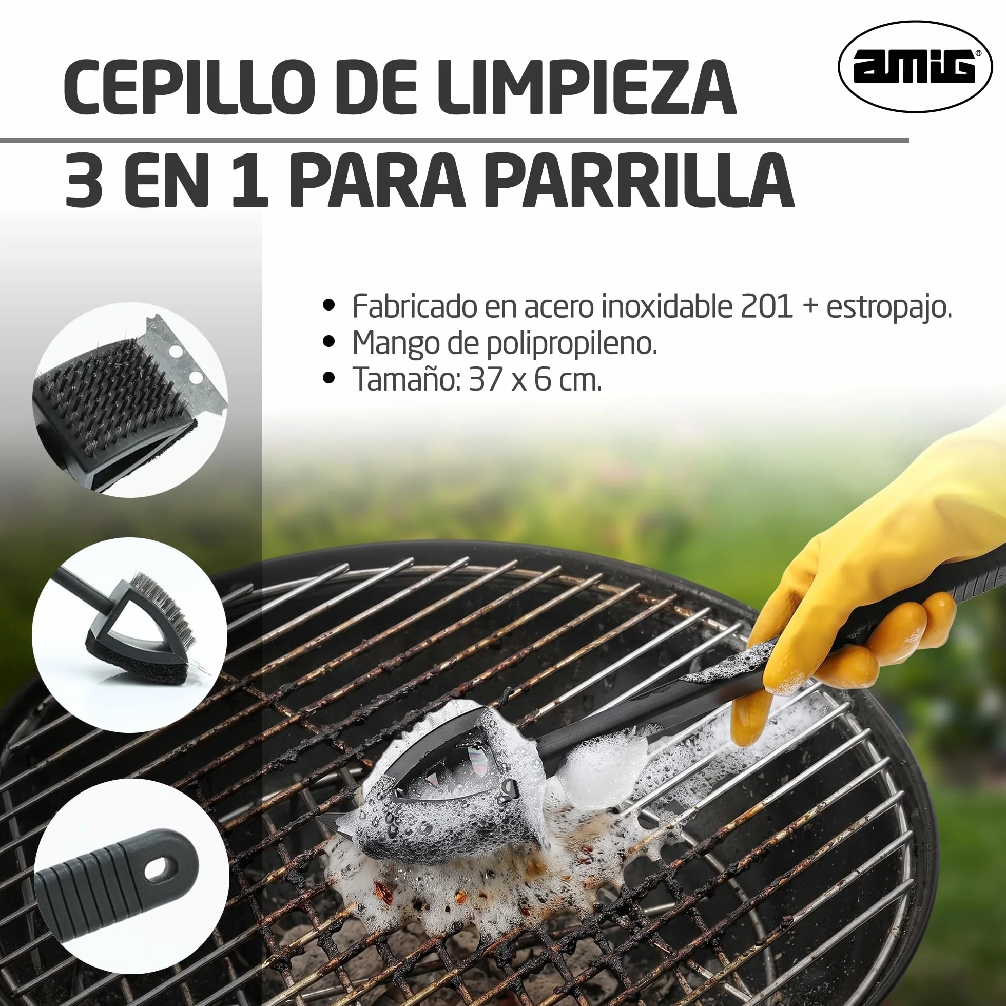 Amig Brosse de Nettoyage Barbecue 3 en 1 AM20 - Acier Inoxydable 201, 37 x 6 cm