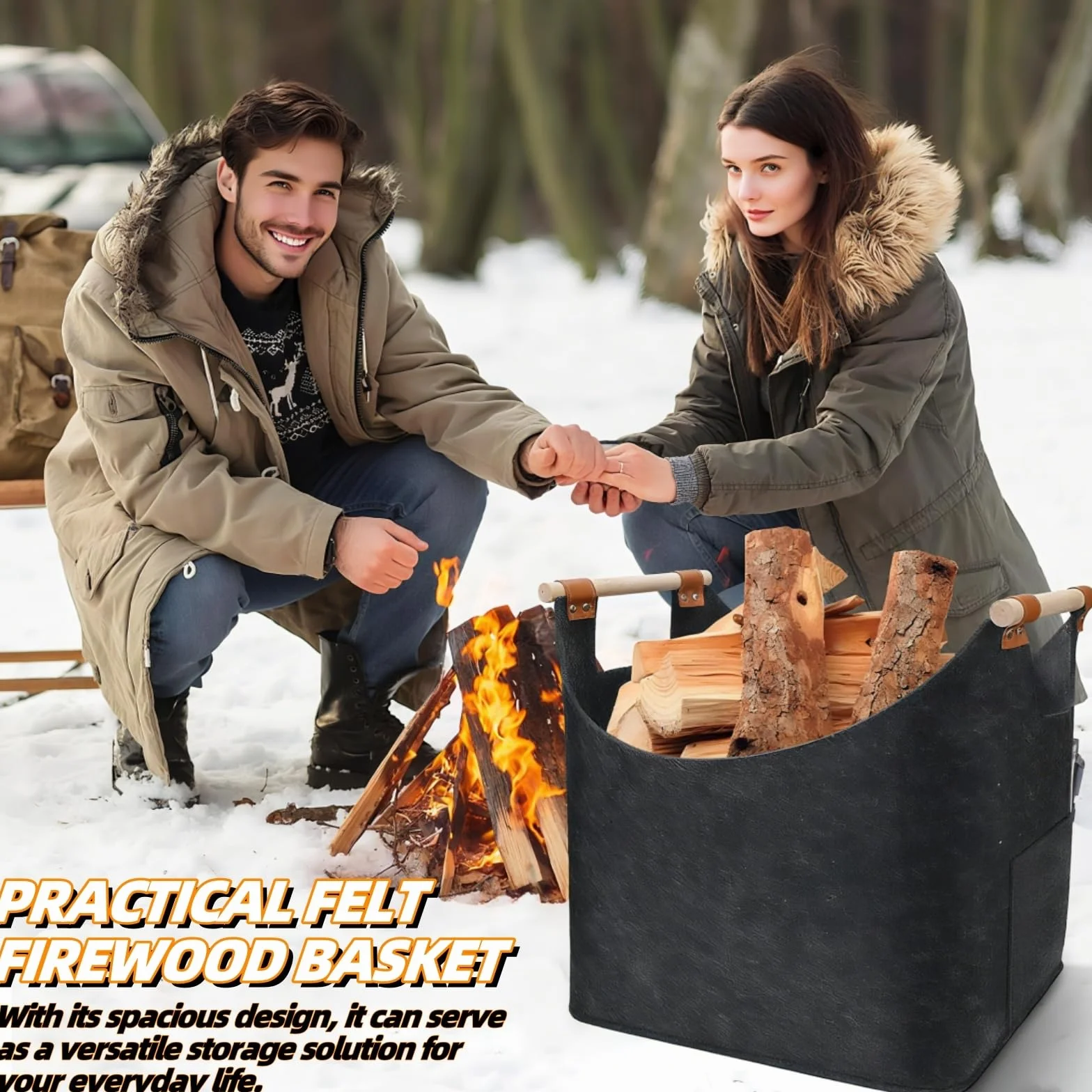 Panier à Bois de Chauffage Extra Large 50L Gris Foncé, Sac Pliable en Feutre avec Poignée Renforcée