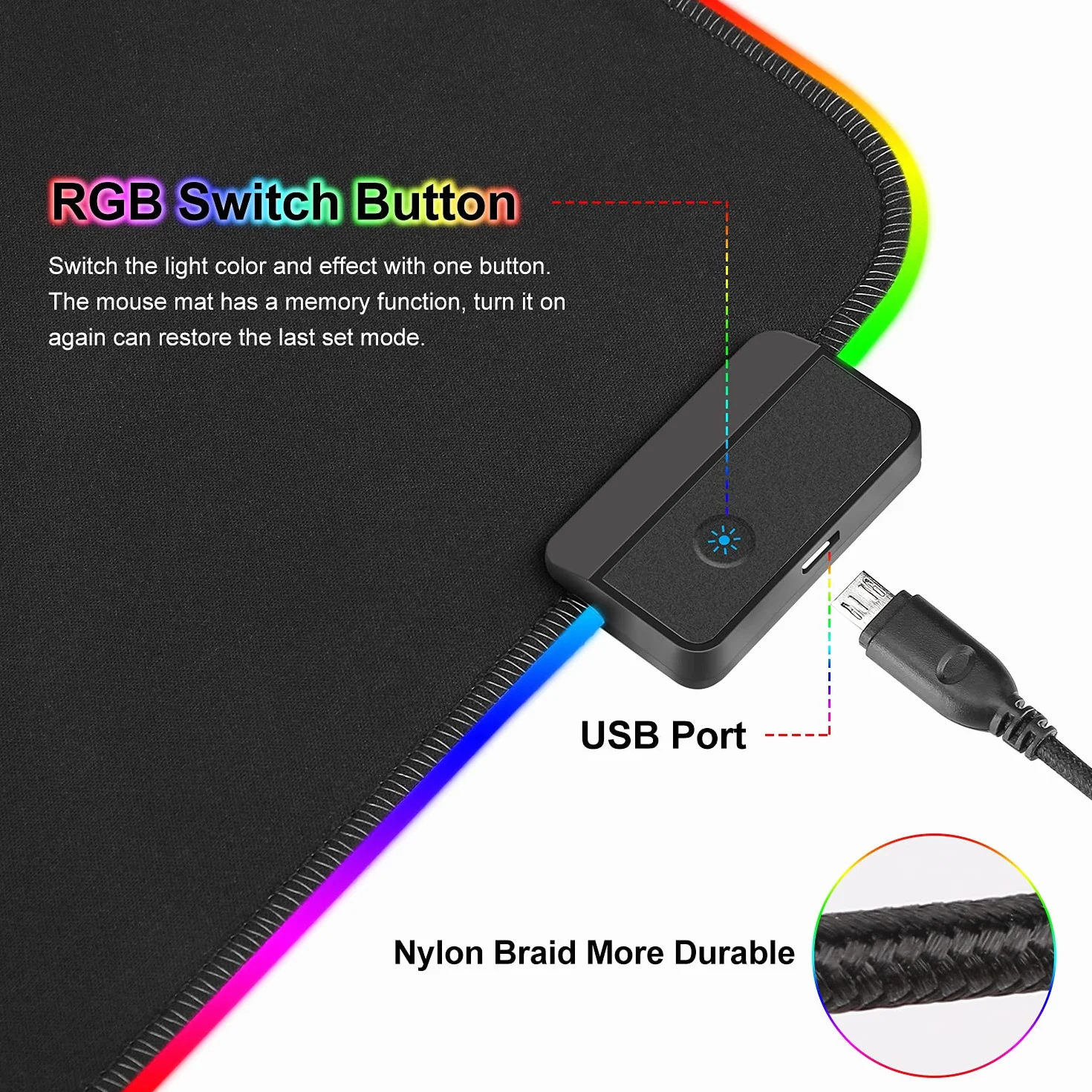Tapis de Souris Gaming RGB XXL 800 x 300 mm, 14 Effets LED, Étanche, Antidérapant