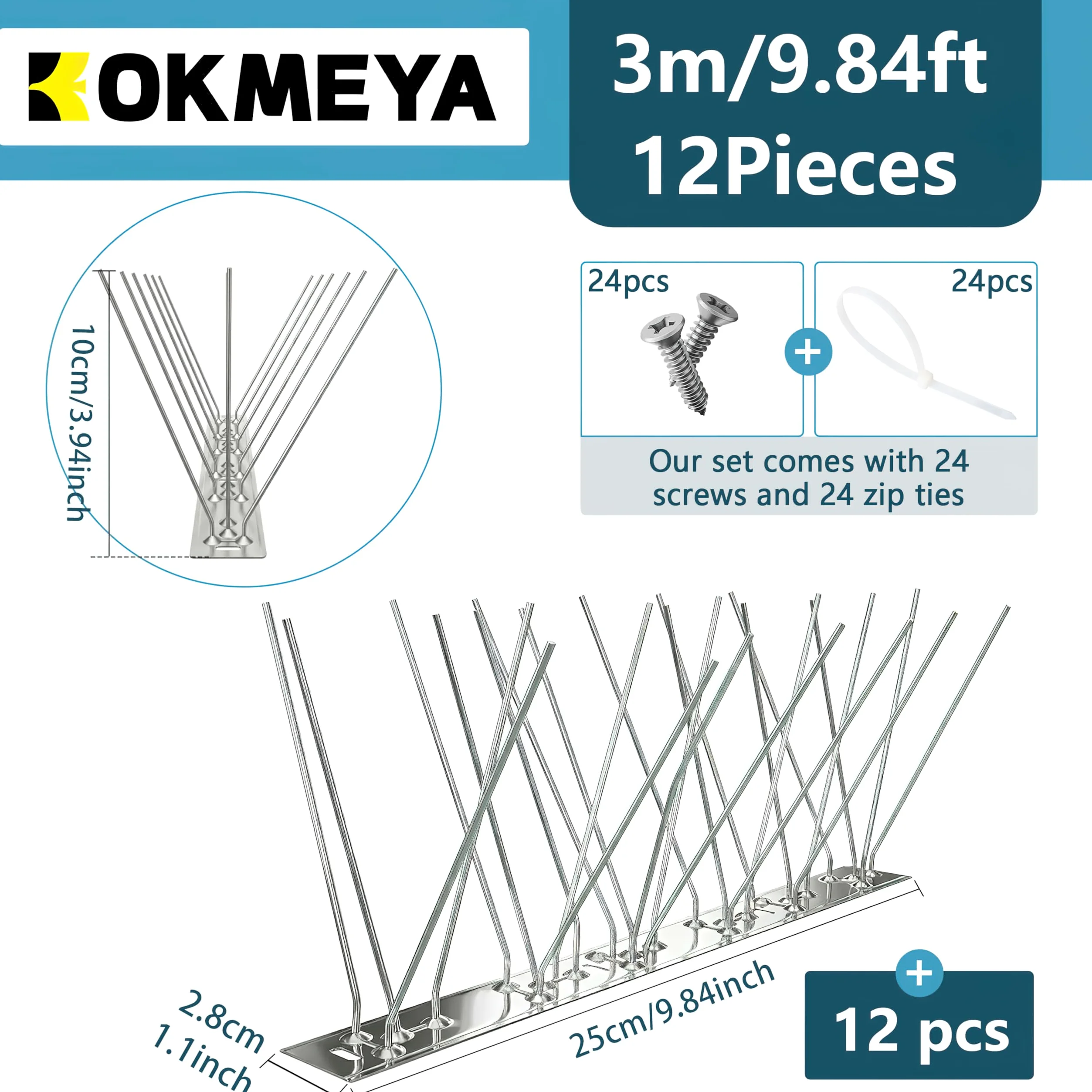 Pic Anti-Pigeon 3m Pré-Assemblé, Pics Oiseaux en Acier Inoxydable 304 pour Petits Oiseaux et Mouettes, Anti-Pigeons Métal pour Clôture, Toit, Balcon, Mur et Gouttière, Argent