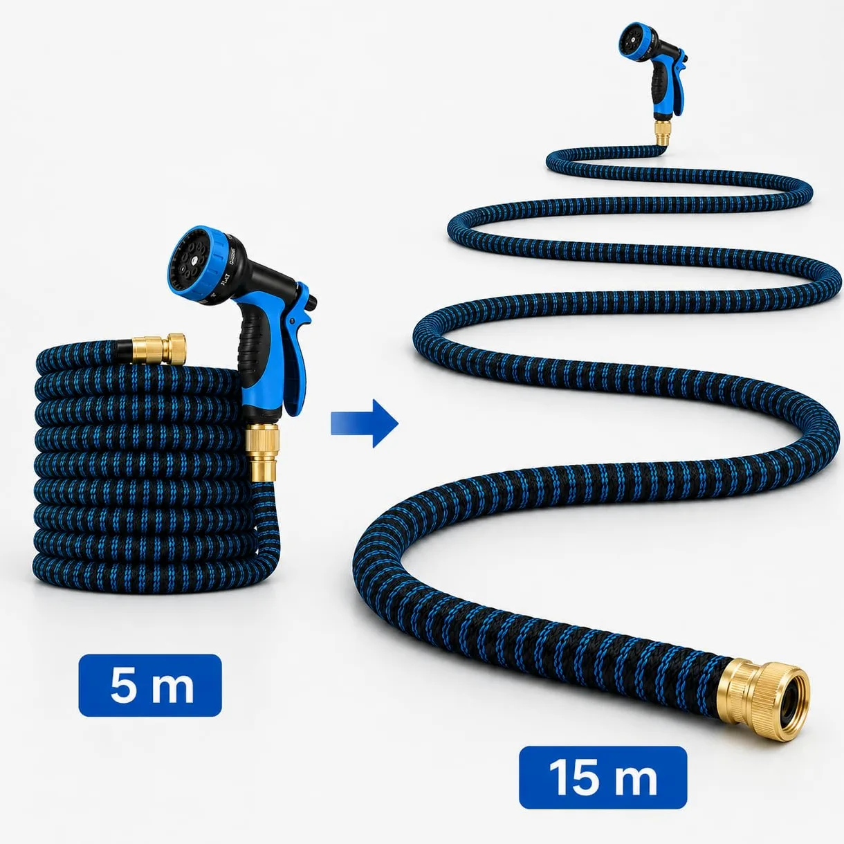 Tuyau d'arrosage extensible 15 m, tuyau d'arrosage rétractable, tuyau d'arrosage flexible avec 10 fonctions, adaptateur 3/4", connecteur en laiton massif, pour maison