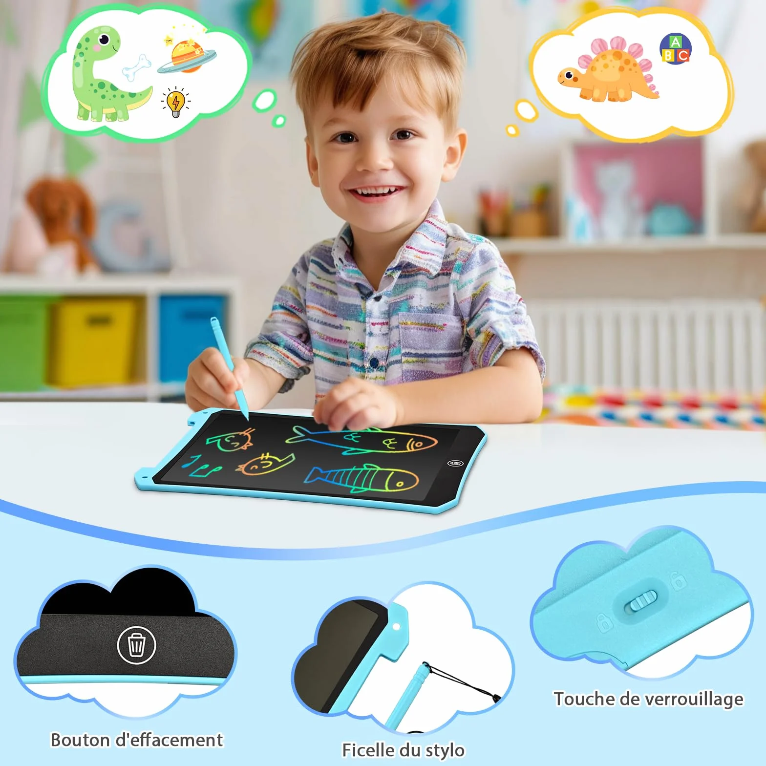 BlueSwan Tablette Magique Enfant 10 Pouces LCD, Jouet Voyage Avion Voiture, Cadeau Rentrée Anniversaire Noël (Bleu+Rose)
