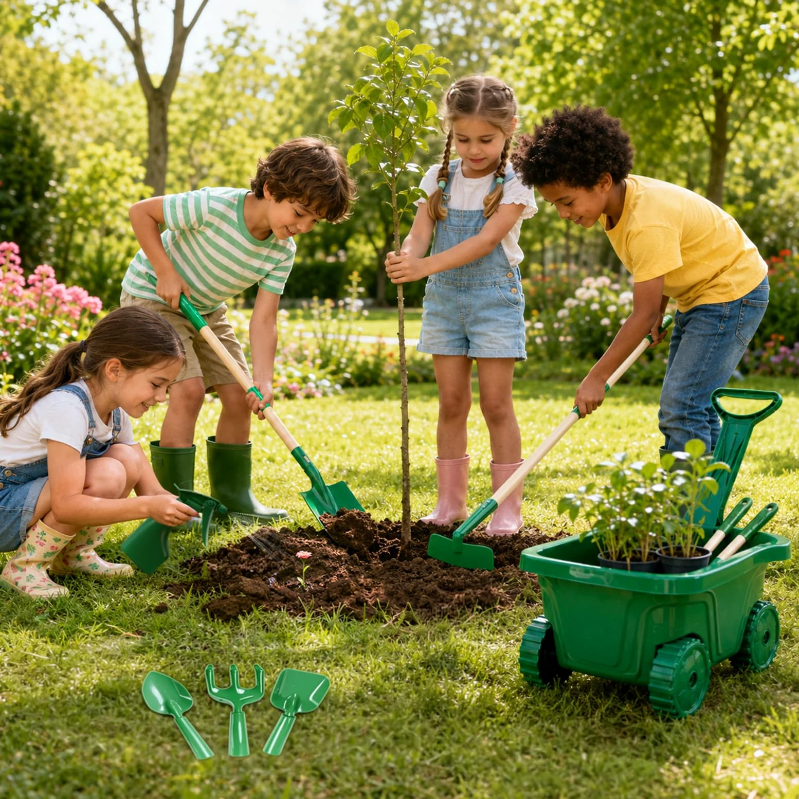 Outils Jardinage Enfant 3 Ans - 11 Kit Exterieur Jardin Brouette | set jardinage enfant, robuste, portable, métallique, bois, usage jardin, plage, neige, jouet cadeau jeux pour enfant