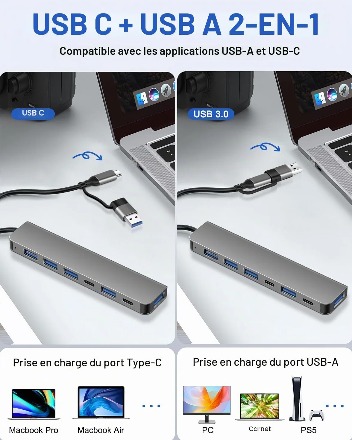 Hub USB 7-en-1 Double-Tête, Connecteur USB-A & USB-C, 1× USB 3.0, 4× USB 2.0, 2× USB-C, Adaptateur Haute Vitesse
