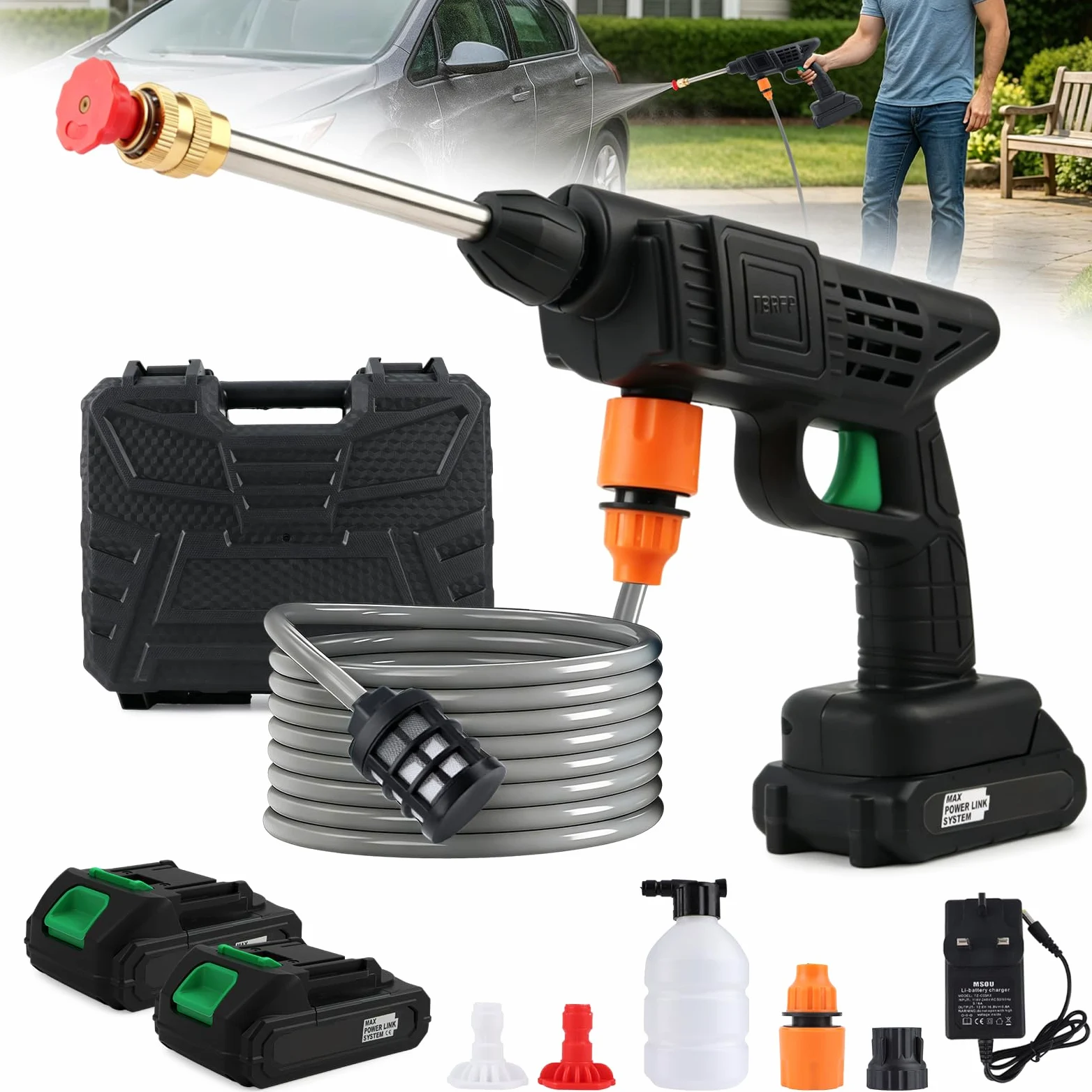 Nettoyeur haute pression sans fil avec 2 batteries, nettoyeur haute pression portable, buse 2 en 1 et canon à mousse, tuyau de 5 m de lavage à jet rechargeable pour voiture, terrasse, jardin