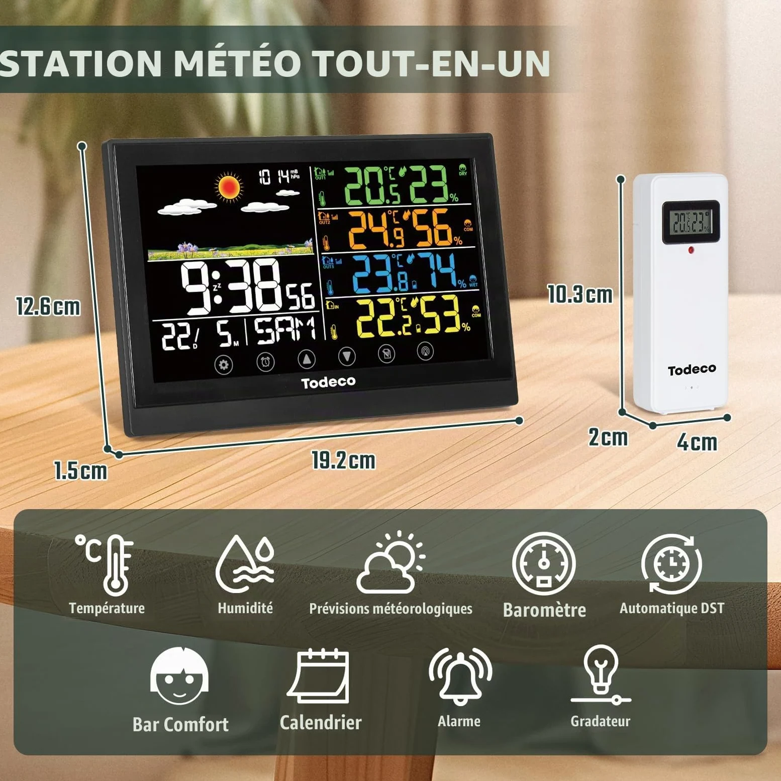 Todeco Station Météo Sans Fil avec 3 Capteurs et Écran LCD Couleur | Température et Humidité, Baromètre, Prévisions Météo, Heure, Calendrier, Réveil avec Snooze, Alimentation Secteur ou Piles