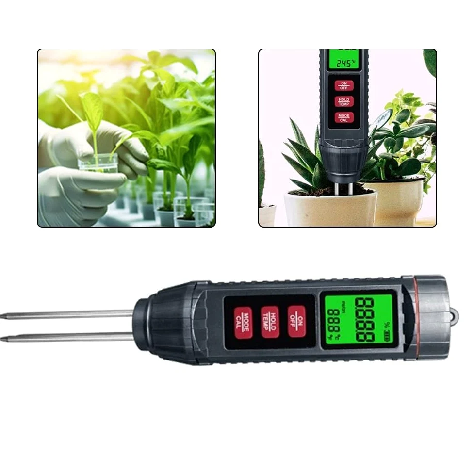 Humidimètre 3 en 1 avec rétroéclairage LCD - Moniteur numérique d'eau pour plantes - Température d'humidité - Conductivité - Outil de jardin intérieur ou extérieur - 211 mm