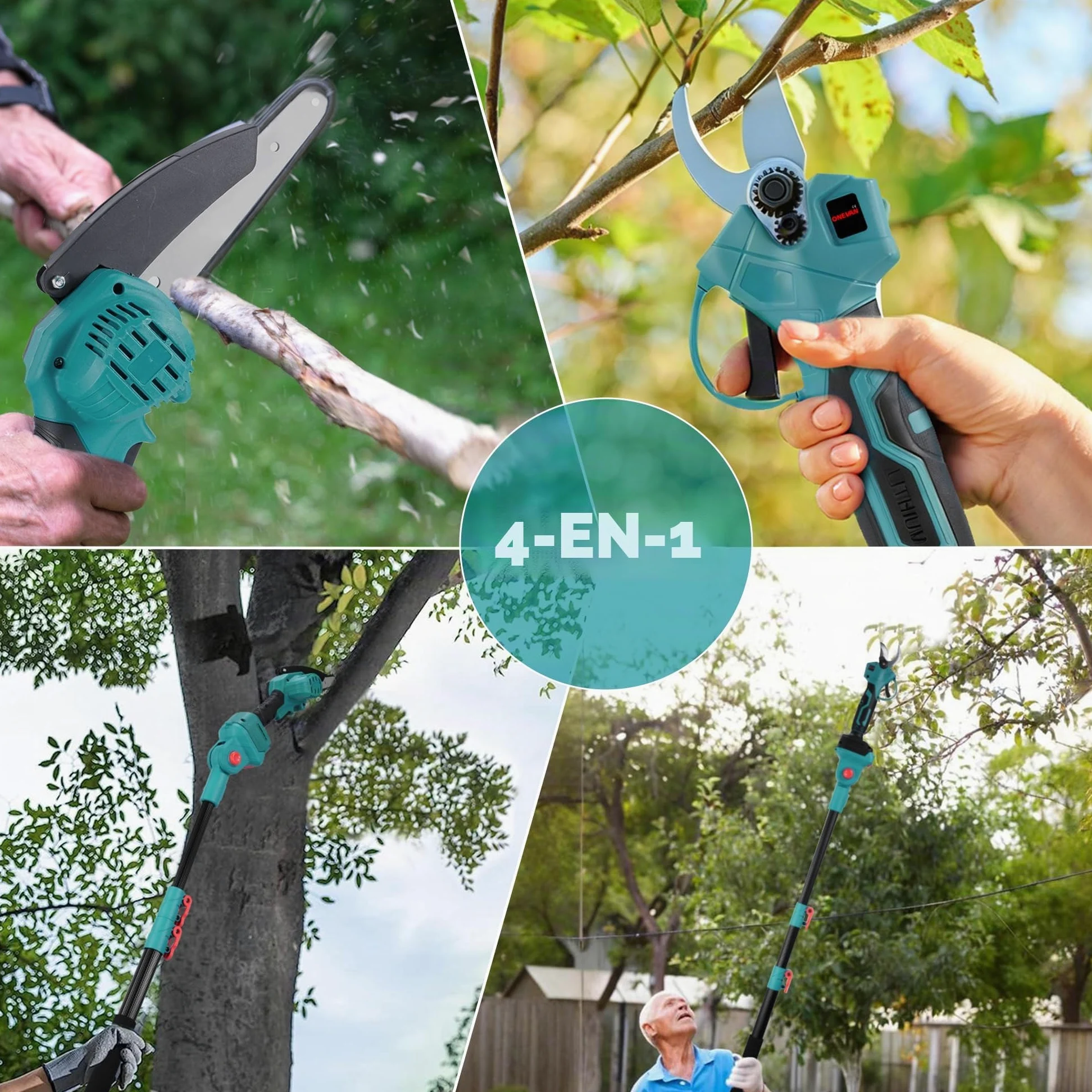 ONEVAN Élagueuse sur Perche Télescopique sans Fil 4-en-1 avec 2 Batteries | 15cm Tronçonneuse, 25mm Sécateur, 2.6m Perche, 180° Tête pivotante, Moteur Brushless, SK5-Lames, Élagage en hauteur, Jardin
