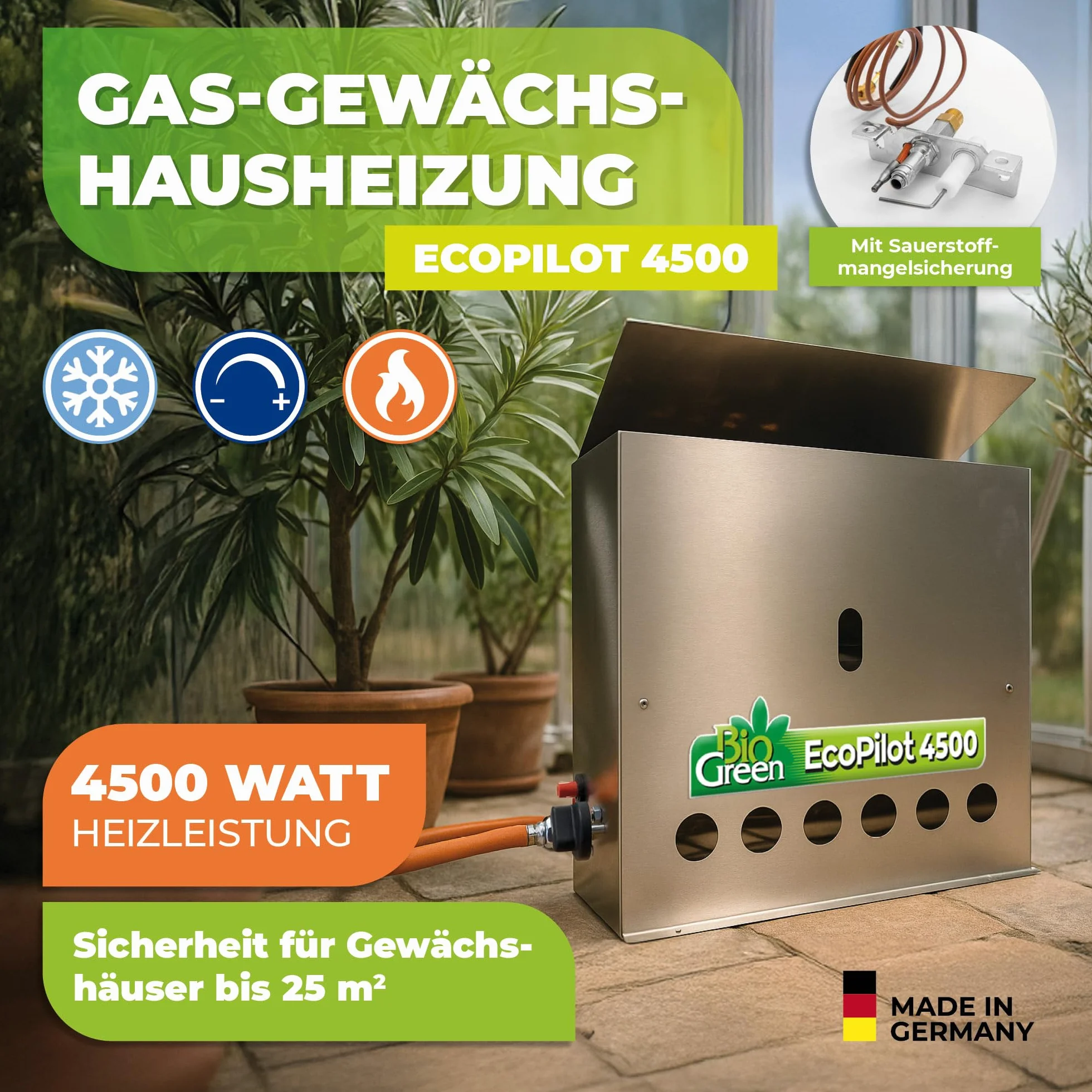 BioGreen EcoPilot 4500 Chauffage de serre à gaz 4500W acier inoxydable argenté 38x17x40 cm pour serres jusqu'à 22 m²