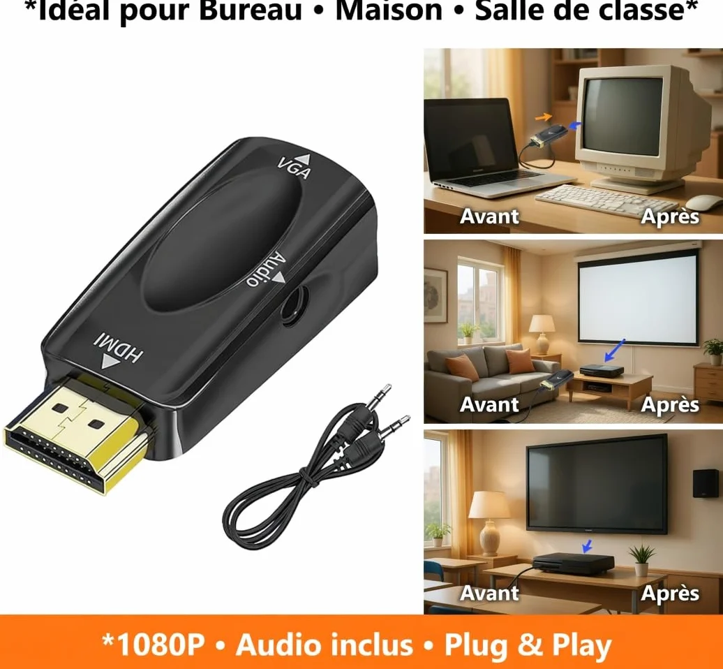 Adaptateur HDMI vers VGA Audio 3.5mm Convertisseur HDMI mâle VGA Femelle 1080p