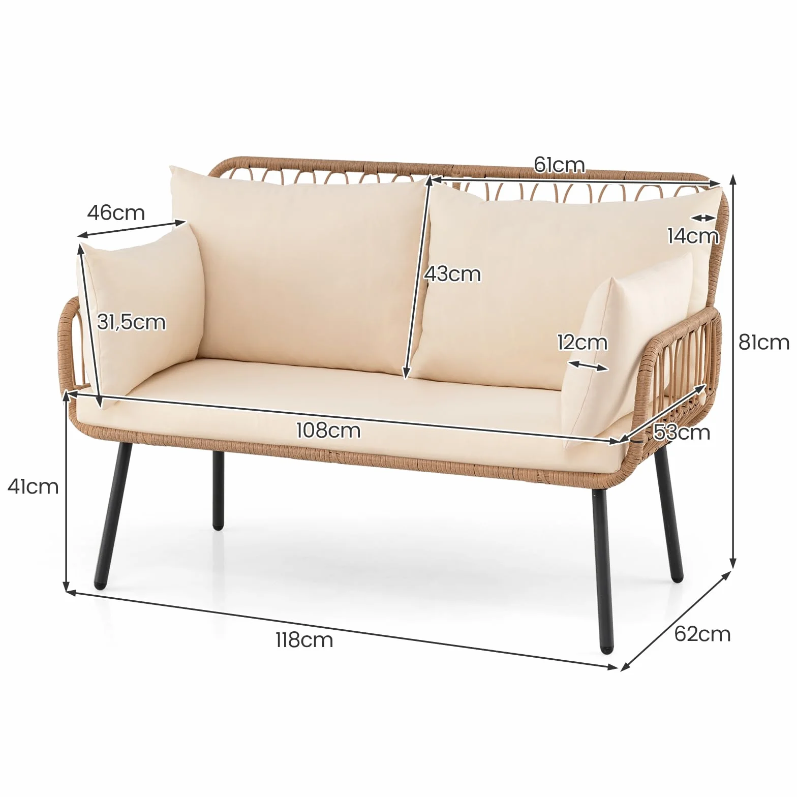 Canapé de Jardin 2 Places en Rotin Résine 118x62x81 cm avec Coussins, Cadre Métal, Charge 300 kg pour Balcon Terrasse