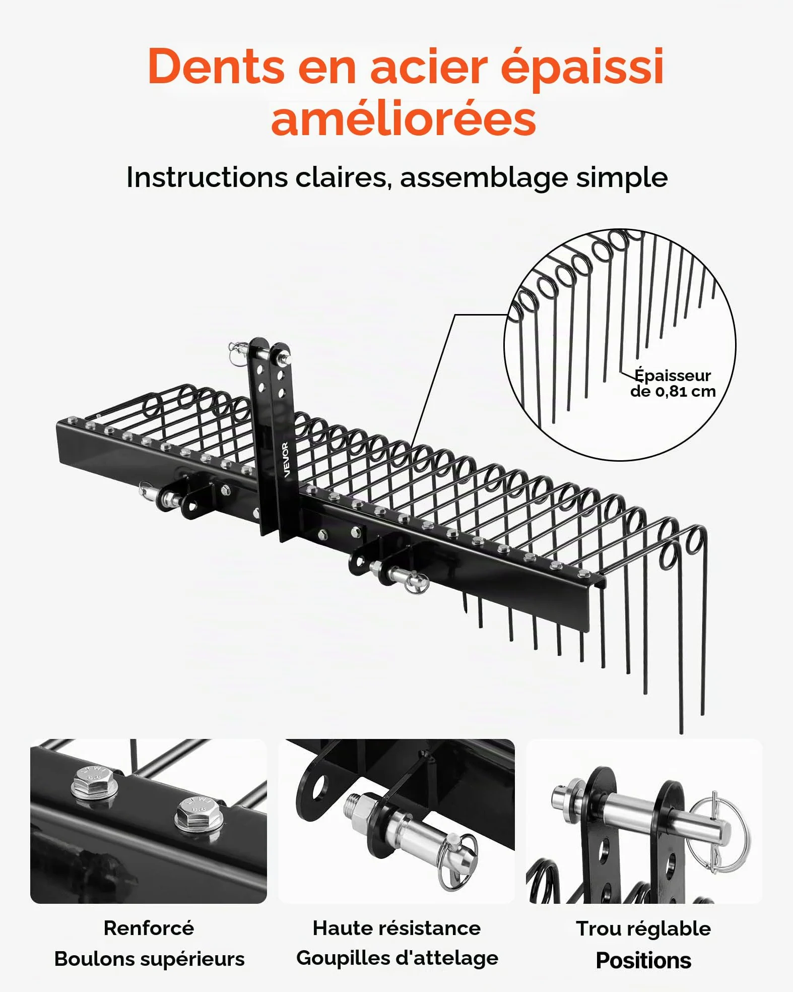 VEVOR Râteau Paysager Tracté 153 cm Râteau Déchaumeur Remorquable pour Attelage 3 Points Tracteurs Catégorie 1 Collecte Aiguilles de Pin, Paille, Feuilles, Nettoyage Jardin, 26 Dents Acier à Ressort