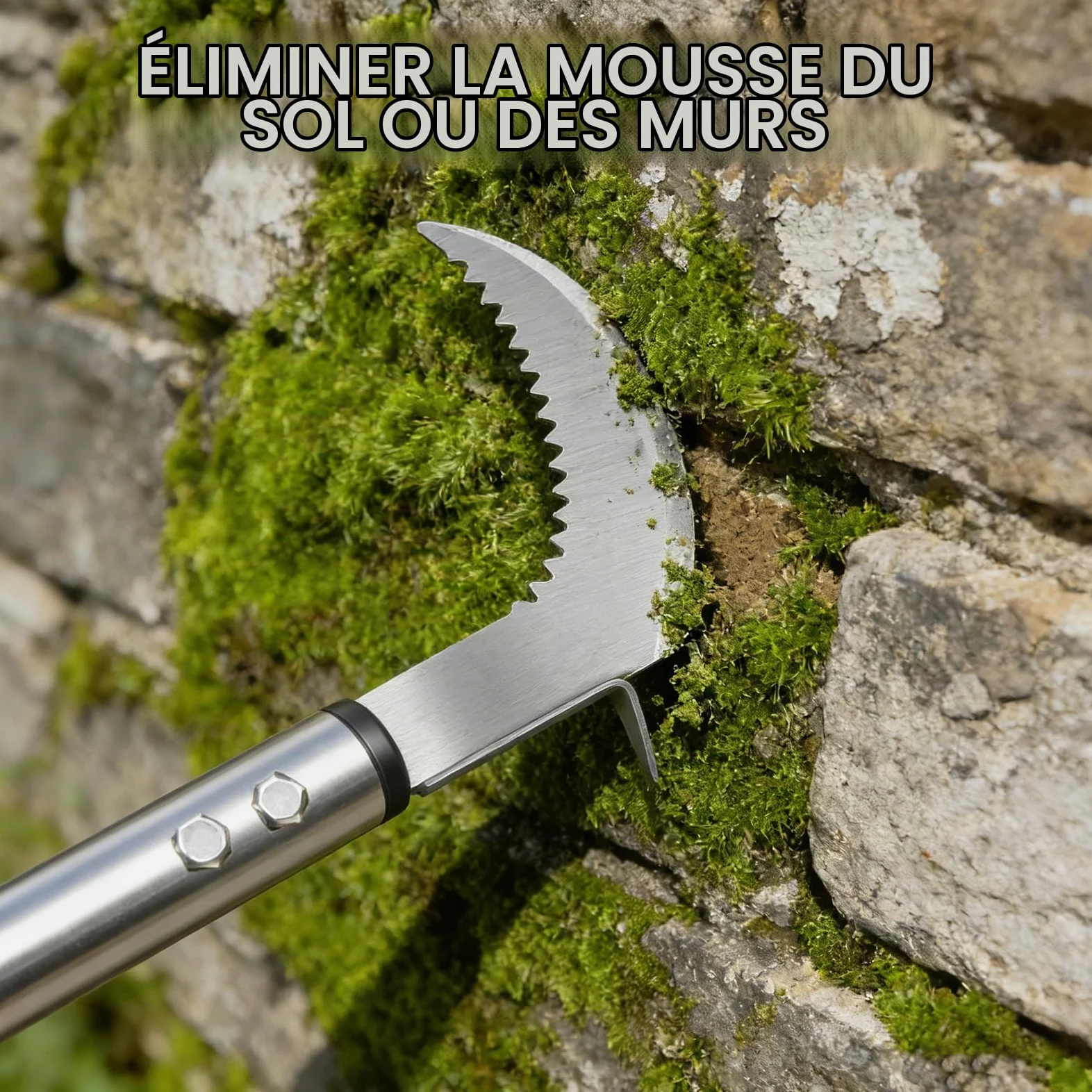 Outil de Désherbage avec Long Manche, 60-160 cm Désherbeur à Manche Long Réglables avec Bord Dentelé, Couteau Désherbeur Manuel en Acier Inoxydable pour Enlever la Mousse et Les Mauvaises Herbes