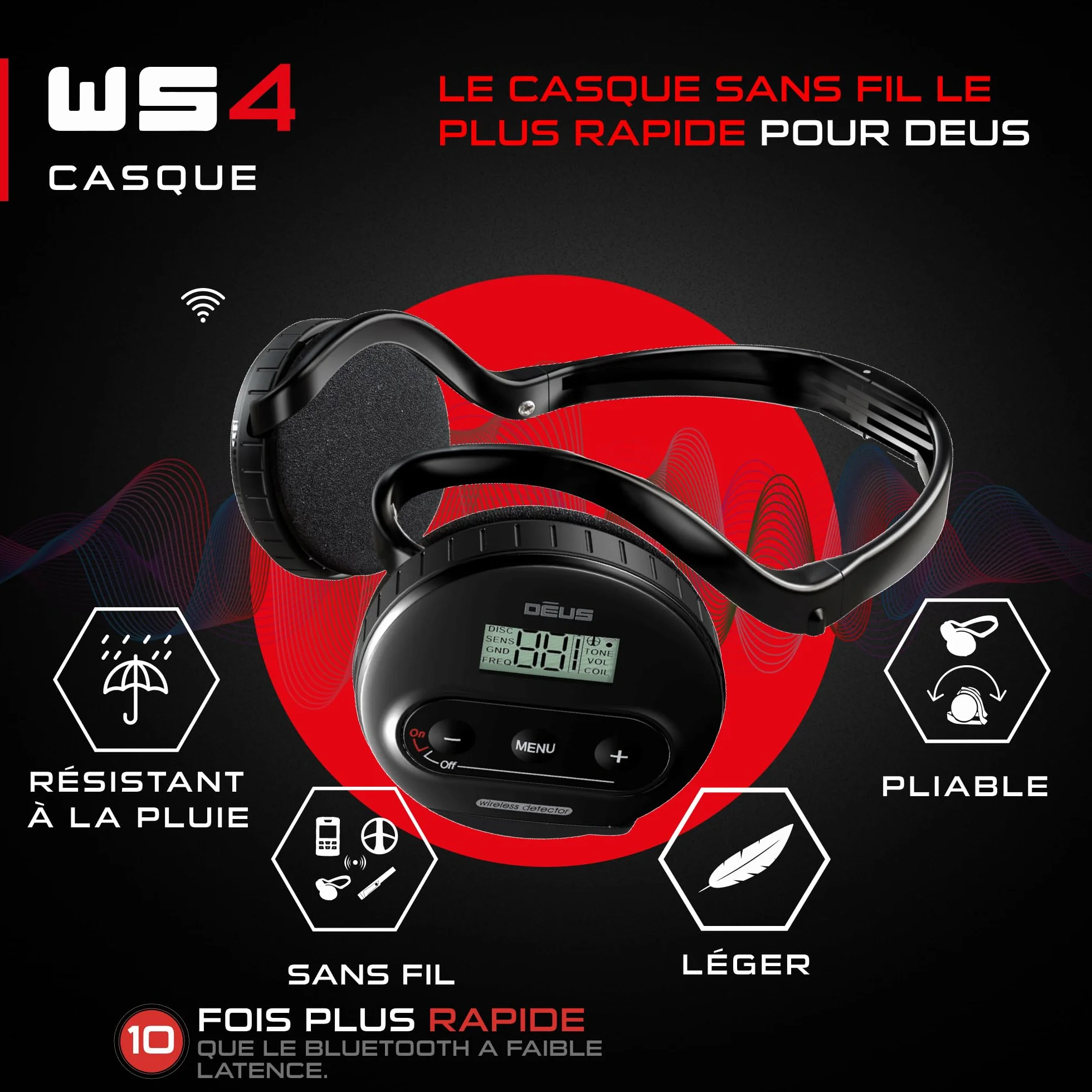 Casque sans-fil XP METAL DETECTORS WS4 pour détecteur de métaux Deus, imperméable, pliable, léger avec module détachable