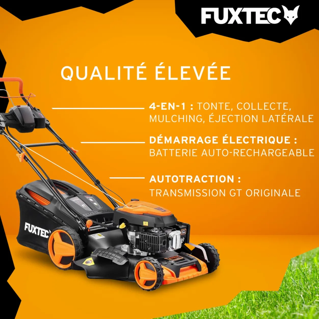 FUXTEC 4en1 Tondeuse Thermique Démarrage Électrique FX-RM5196eS - Largeur de Coupe 51cm, Système autotracté, Fonction Mulching, Réglage Central de la Hauteur de Coupe, 60L Bac de ramassage