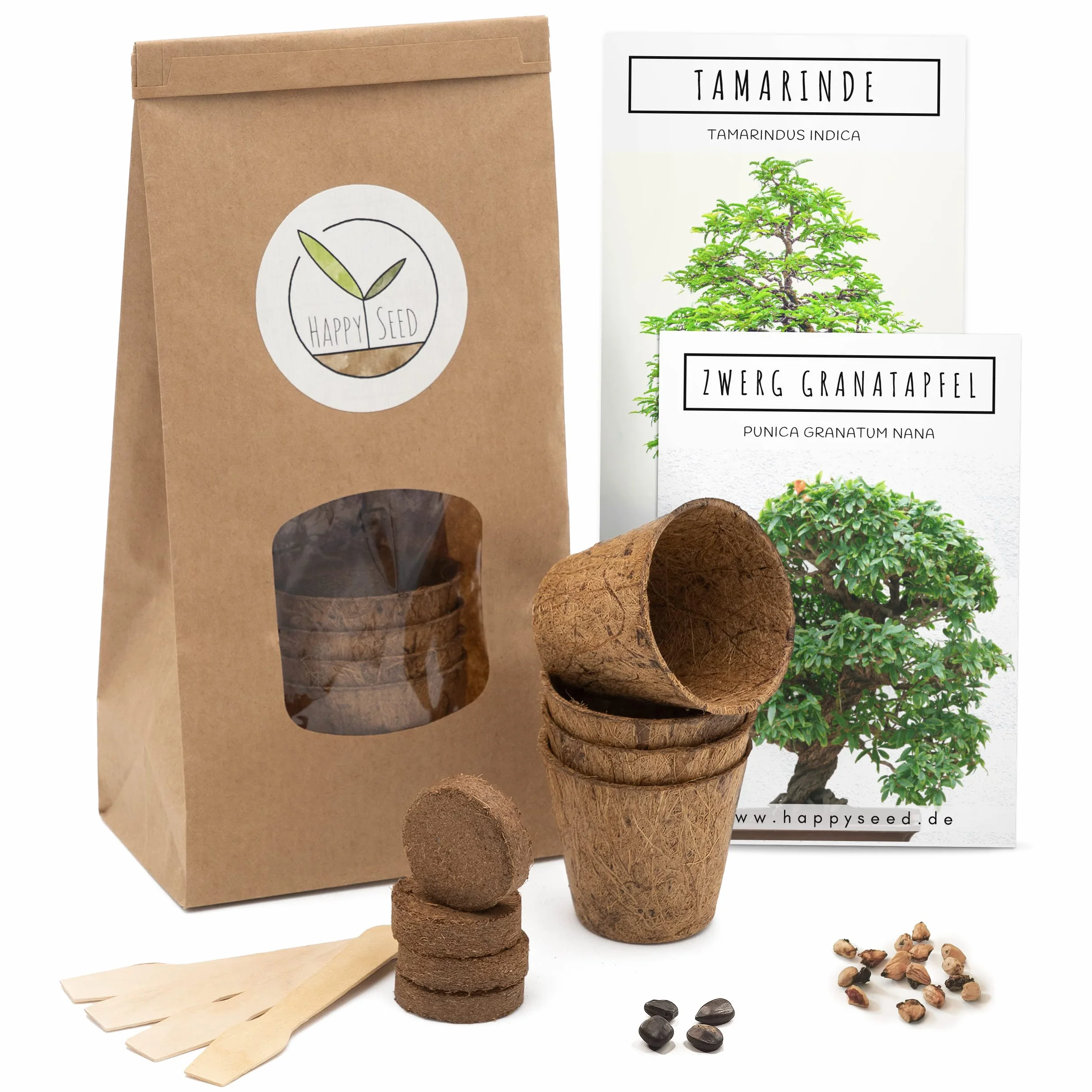 Bonsai Starter Kit - Bonzai set avec pots de noix de coco, graines et terre - Grenadier Nain + Tamarin