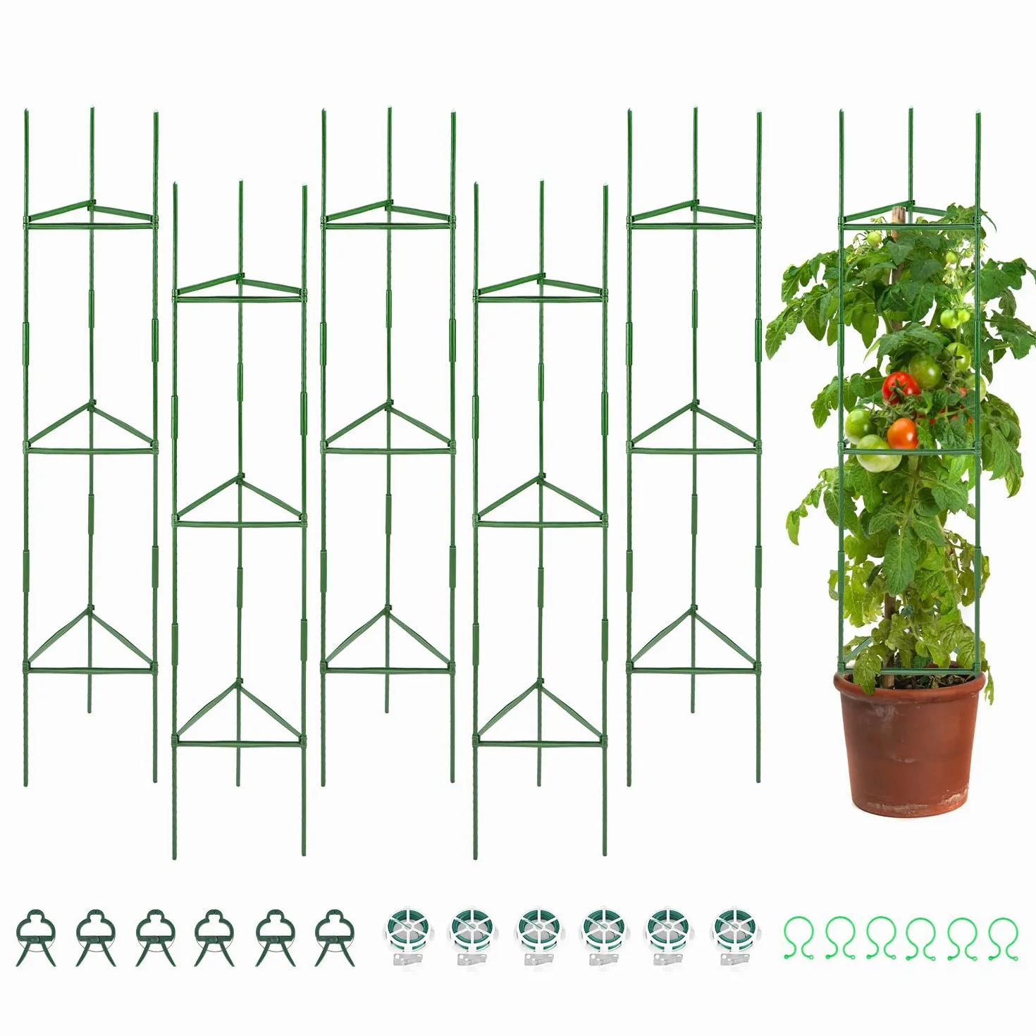 QWORK® 6 Pièces Tuteur Tomate, Support de Plantes, Piquet Tomate, Aides à Grimper 120 cm, pour Tomates, Fleurs, Concombres