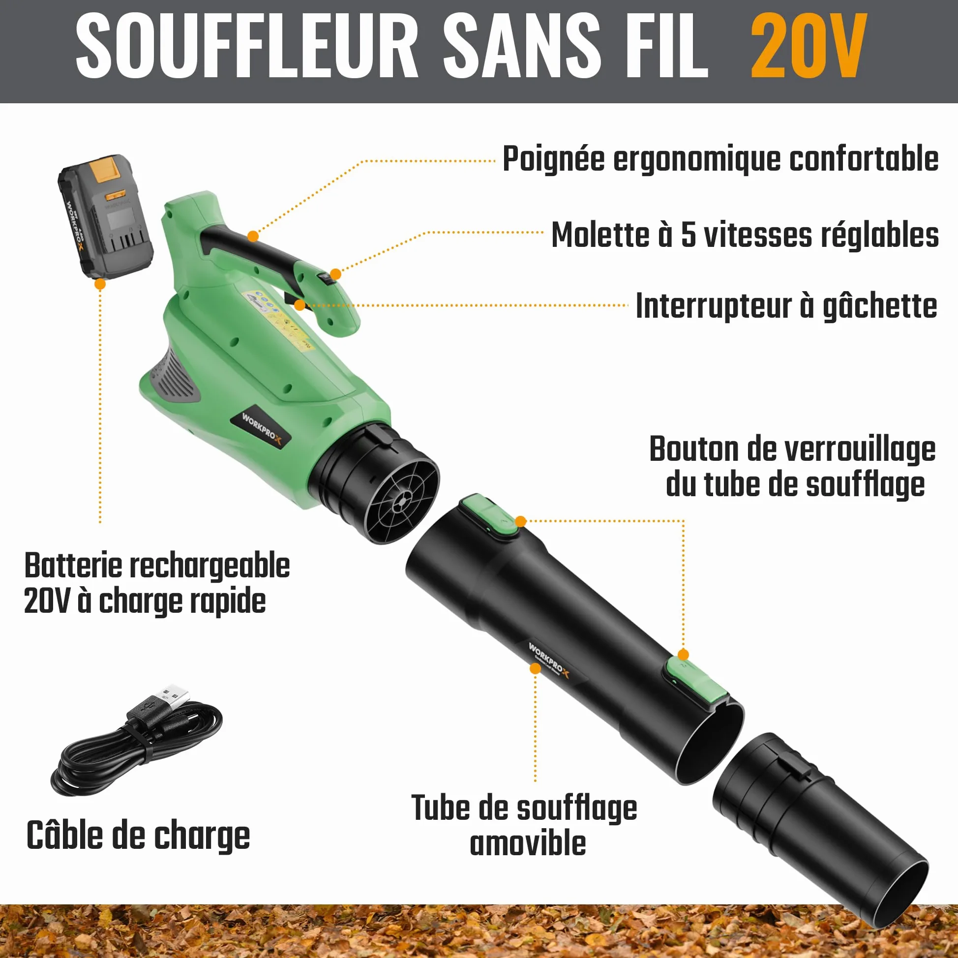 WORKPROX Souffleur de Feuilles Axial sans Fil 20V, Souffleur à Batterie 4,0 Ah avec Chargeur, Vitesse d'air Maximale 144 km/h et Capacité 850 m³/h, 5 Vitesses Réglables, pour Jardins Allées Terrasses | Chargeur Inclus, Vitesse d'air 144 km/h, Débit d'air