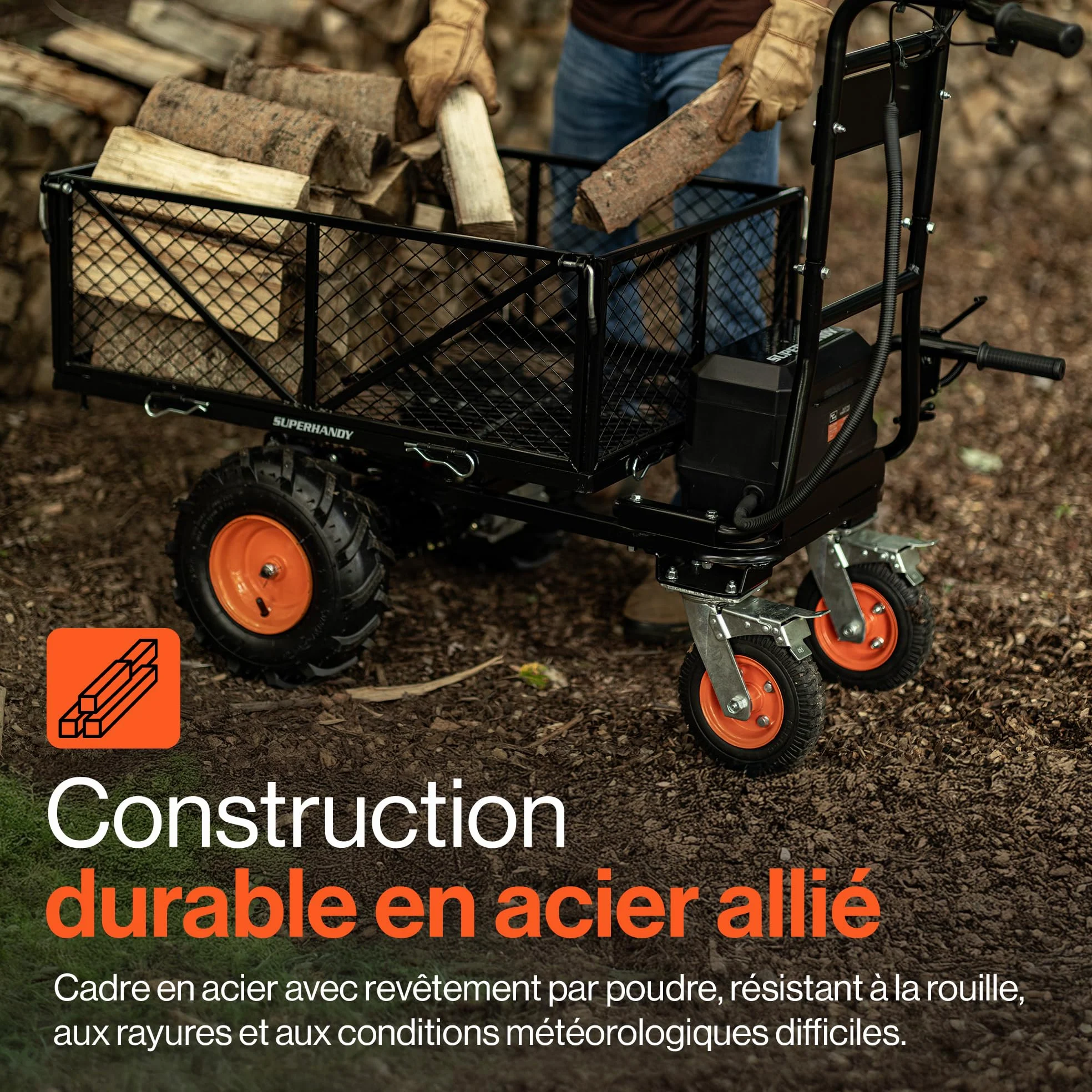 SuperHandy Chariot Utilitaire électrique, 48 V Li-ION, Charge 300 kg | Traction max. 460 kg; 2 batteries Li-ion amovibles incluses, idéal pour ferme, jardin et travaux de manutention