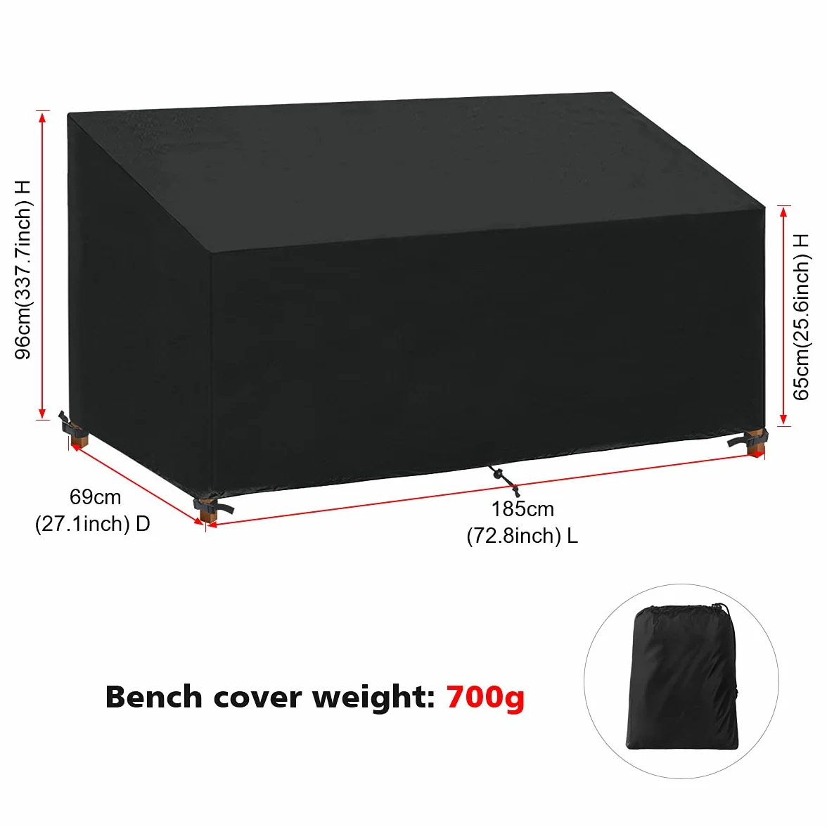 Housse Banc de Jardin 4 Places Imperméable Anti-UV 185x69x65/96cm