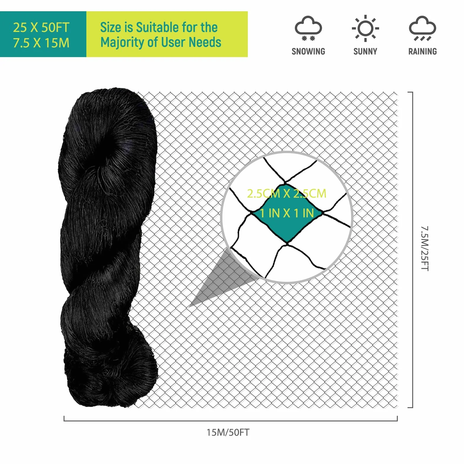 Filet Anti Oiseaux Voliere 7.5m x15m 25mm x 25mm Protection Poules Pigeon