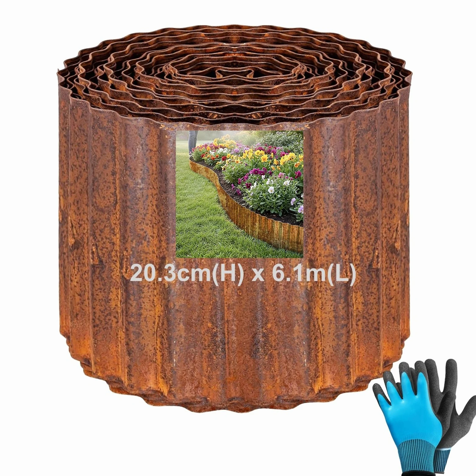 Bordure de pelouse en acier Corten 6,1 m - Bordure de pelouse en métal - 20,3 cm de haut - Bordure de parterre en métal avec grille - Montage facile - Bordure de parterre avec grille pour parterres de