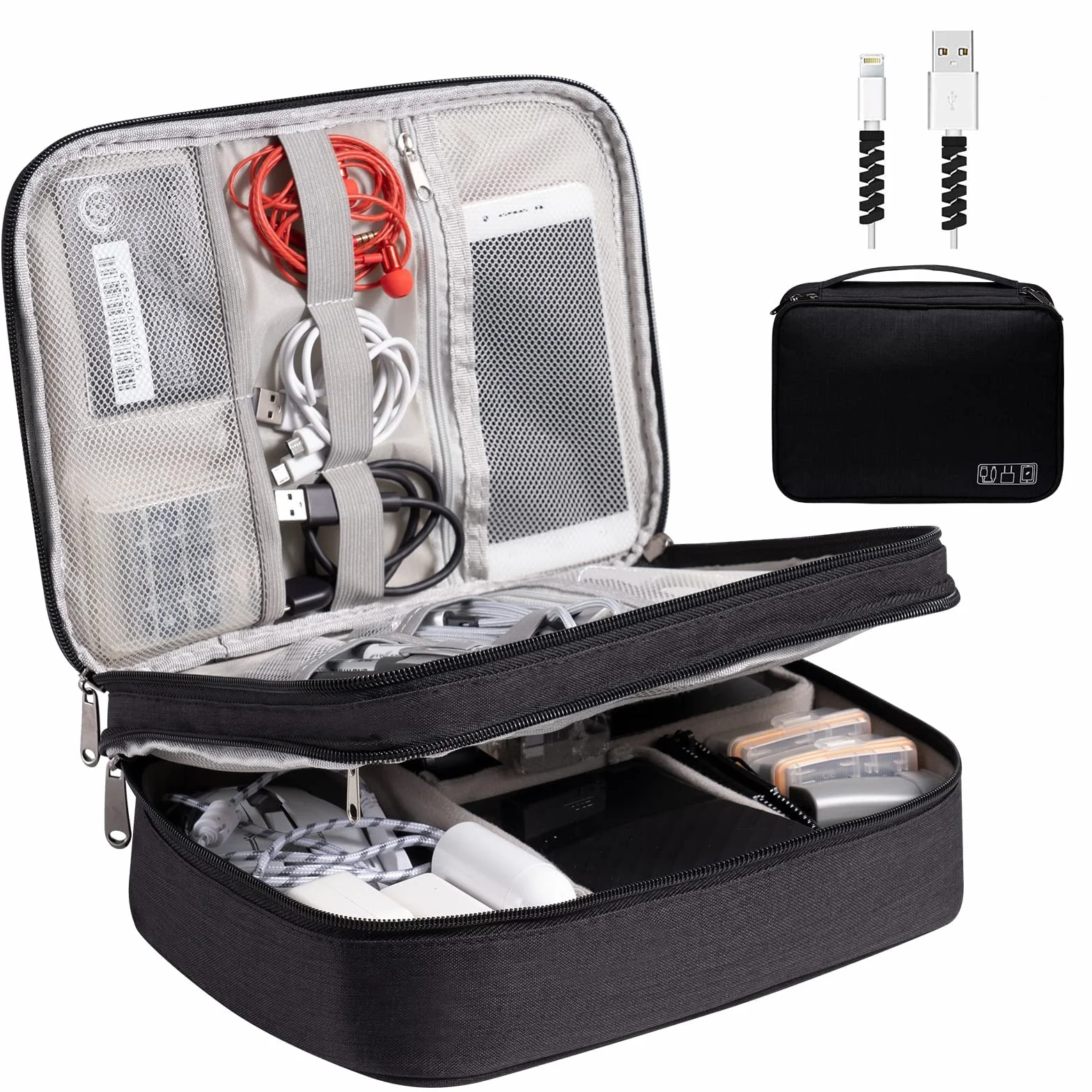 OrgaWise Sac Électronique Multifonctionnel Portable Étanche pour Tablette, Disque Dur, Chargeur (Noir, 3 Couches)