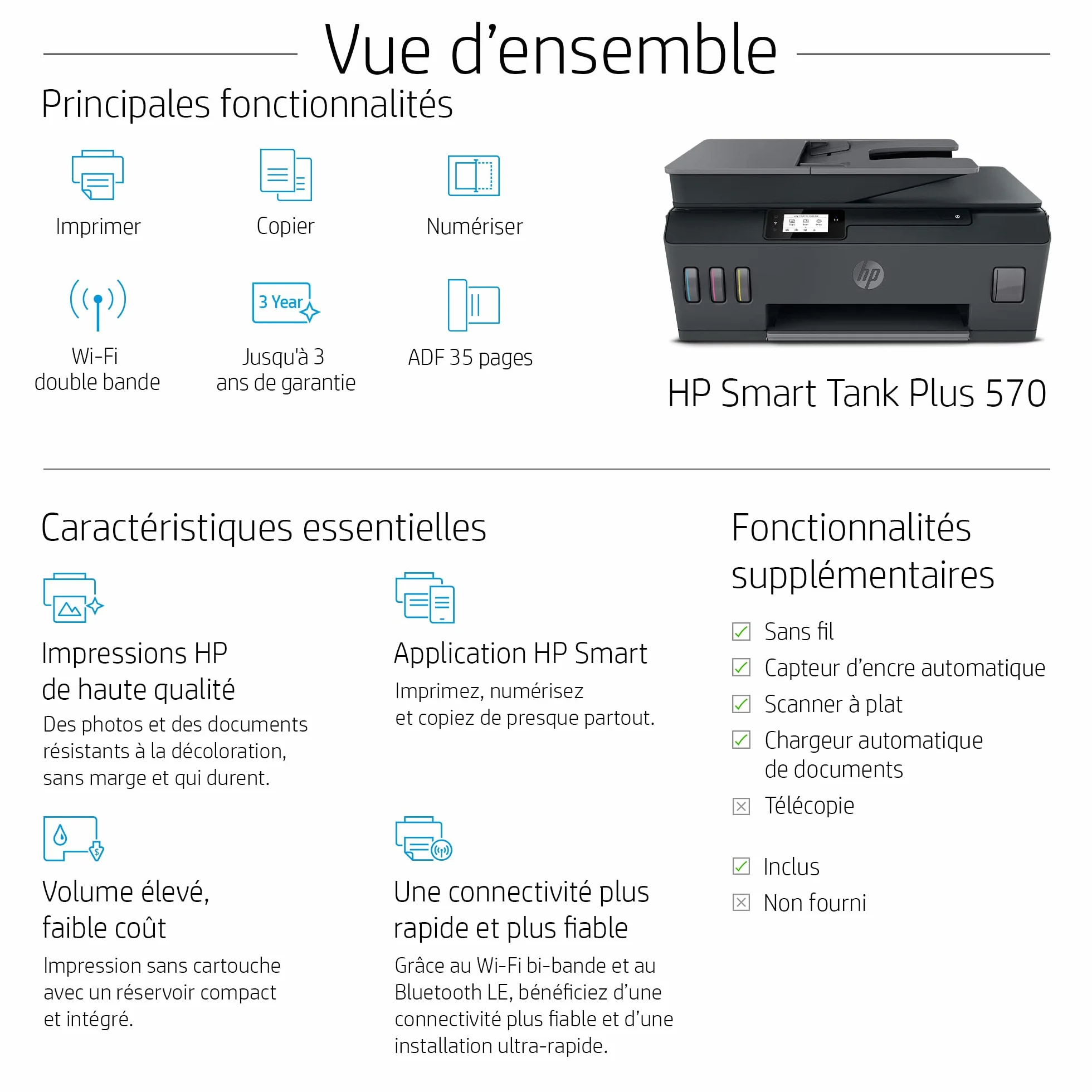 HP Smart Tank Plus 570 Imprimante tout en un Jet d'encre couleur 3 ans d'encre inclus A4 Wifi