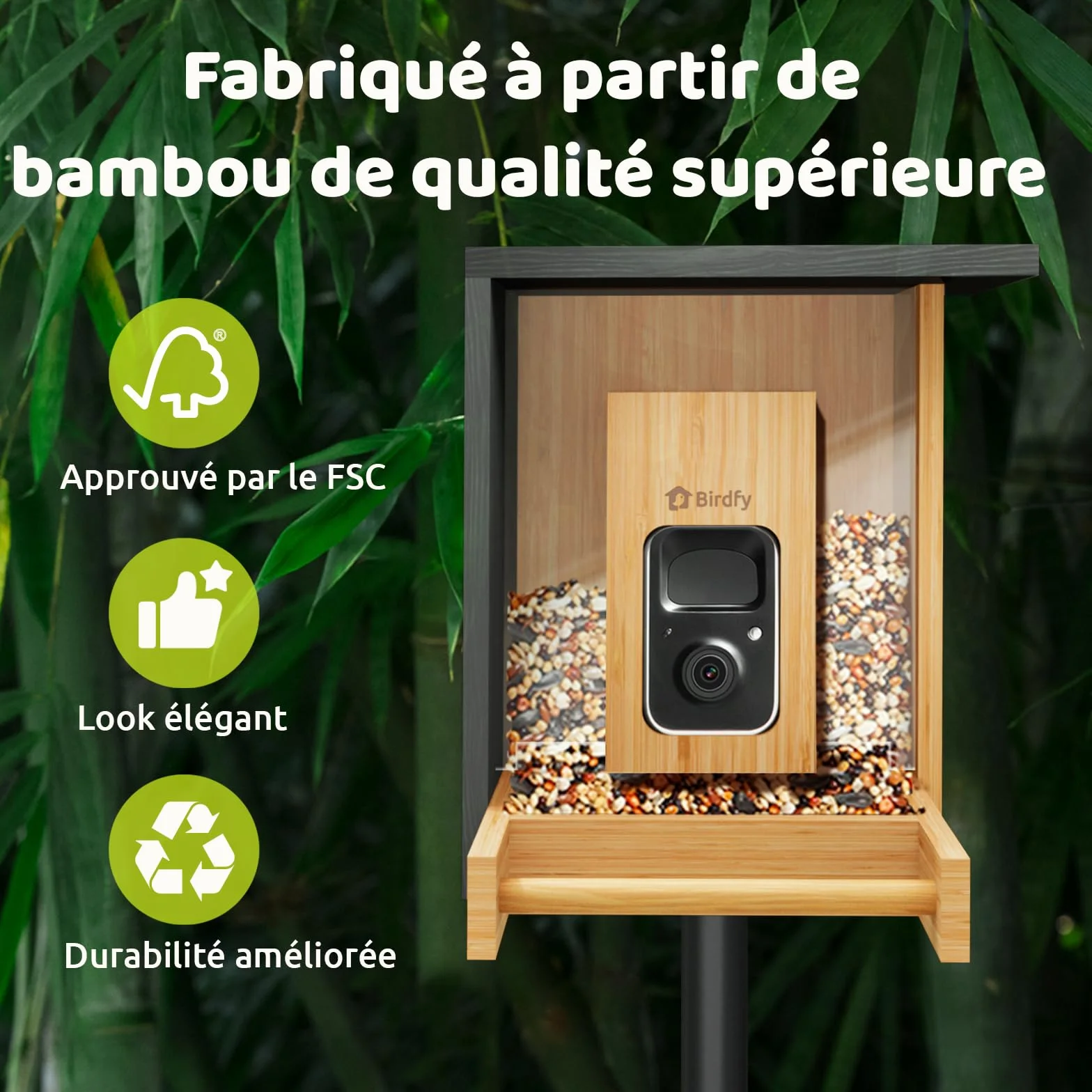 Netvue Birdfy Mangeoire Oiseaux Bambou Caméra Solaire Vision Nocturne Capture Auto Images Vidéos Notification