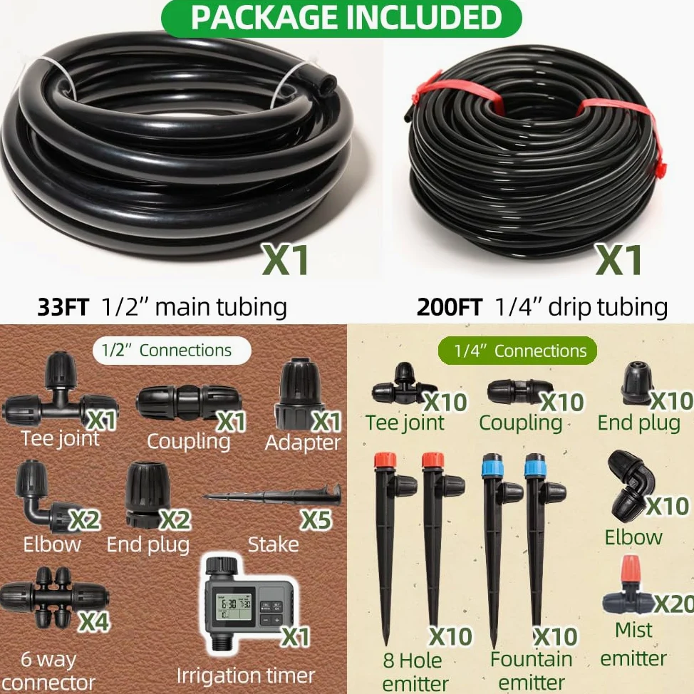 Système d'irrigation goutte à goutte de 71 m avec minuterie pour kit de jardin, équipement d'irrigation automatique, raccords de verrouillage, micro goutte à goutte, pulvérisateur ventilateur à 360