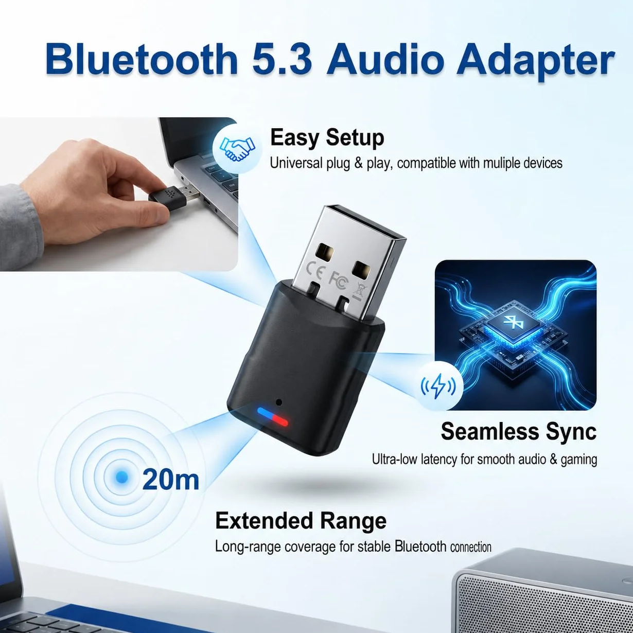 Adaptateur Bluetooth 5.3 USB pour PS5 PS4 Switch PC, Dongle Audio Faible Latence, Clé Bluetooth Plug & Play (Noir)