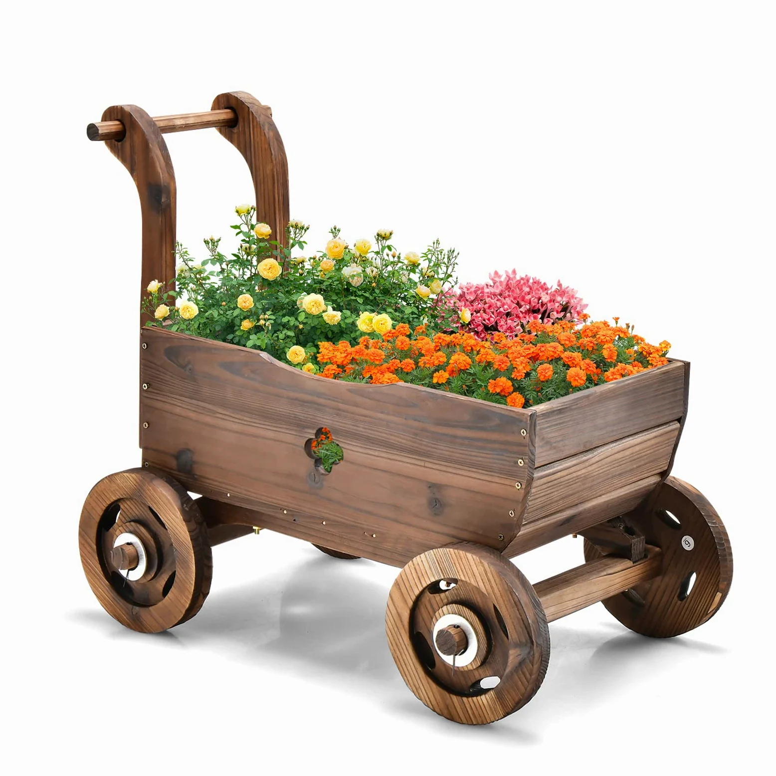 COSTWAY Brouette à Fleurs Jardinière en Bois de Sapin Carbonisé à Roues, Jardinière de Jardin avec Poignée et Trou de Drainage Charge 20KG, pour Patio Jardin Cour, 68 x 38,5 x 53,5 cm