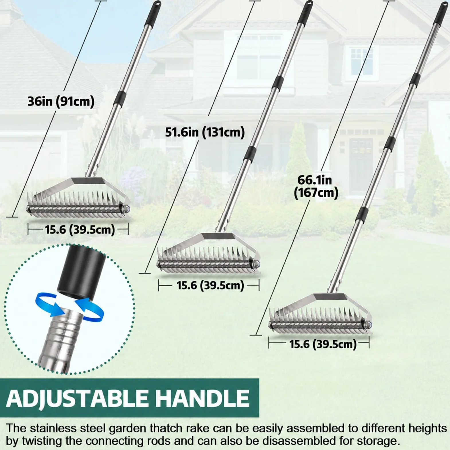 Scarificateur à Gazon Manuel 39,5 cm – Râteau Scarificateur Large avec Manche Ajustable 167 cm, Acier Inoxydable, pour Enlever Mousse, Gazon Mort, Feuilles & Débris
