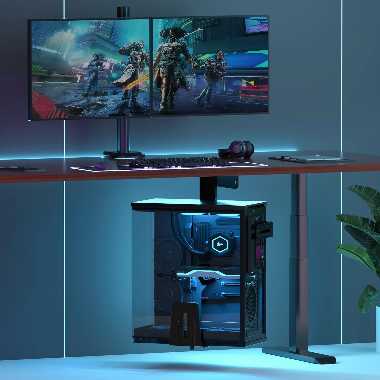Support PC sous Bureau & Mural pour Boîtier Ordinateur, Ajustable Robuste 30 kg, Rotation 360°, Noir