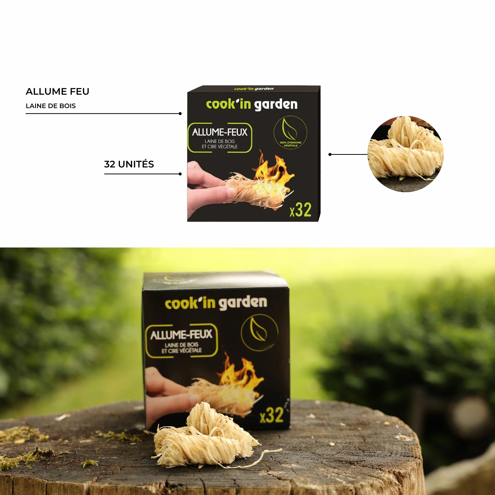 Cook’in Garden Allume-Feu 32 Cubes Laine de Bois FSC® 100% Barbecue Brasero Poêle Cheminée