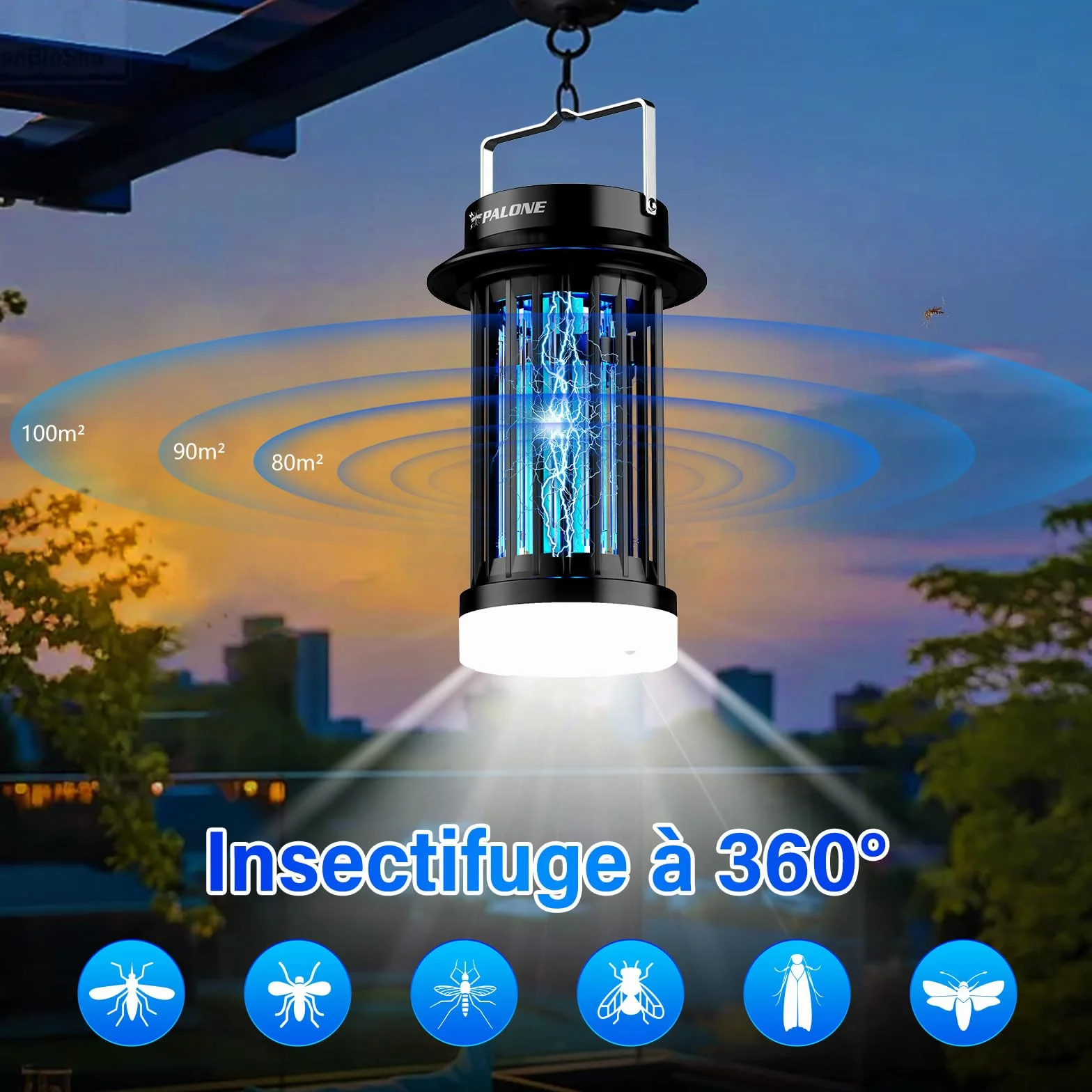 PALONE Lampe Anti Moustique USB-C Tue Mouche Électrique LED Portable UV 4200V 140 m²