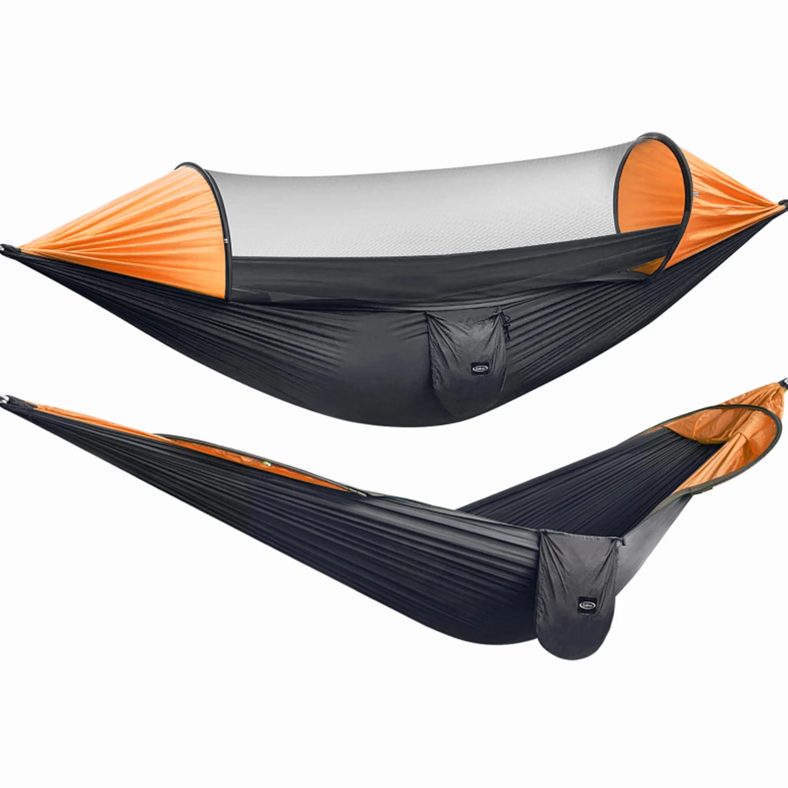 G4Free Grand hamac de camping avec moustiquaire pour 2 personnes, parachute escamotable, léger à suspendre, sangles d'arbre, lit balançoire pour extérieur, randonnée, randonnée (noir/orange)