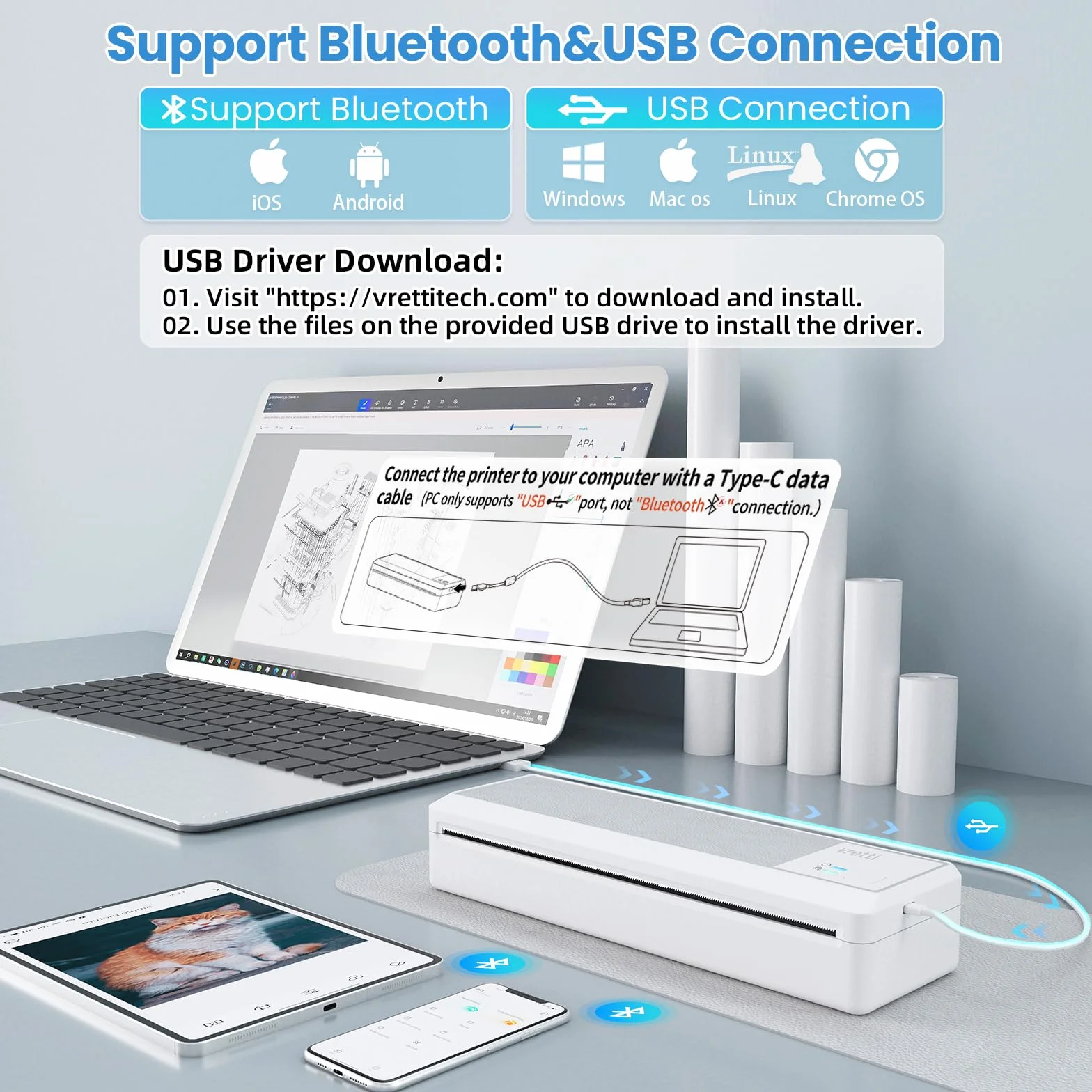 vretti Imprimante Portable Thermique sans Encre A4 Bluetooth USB