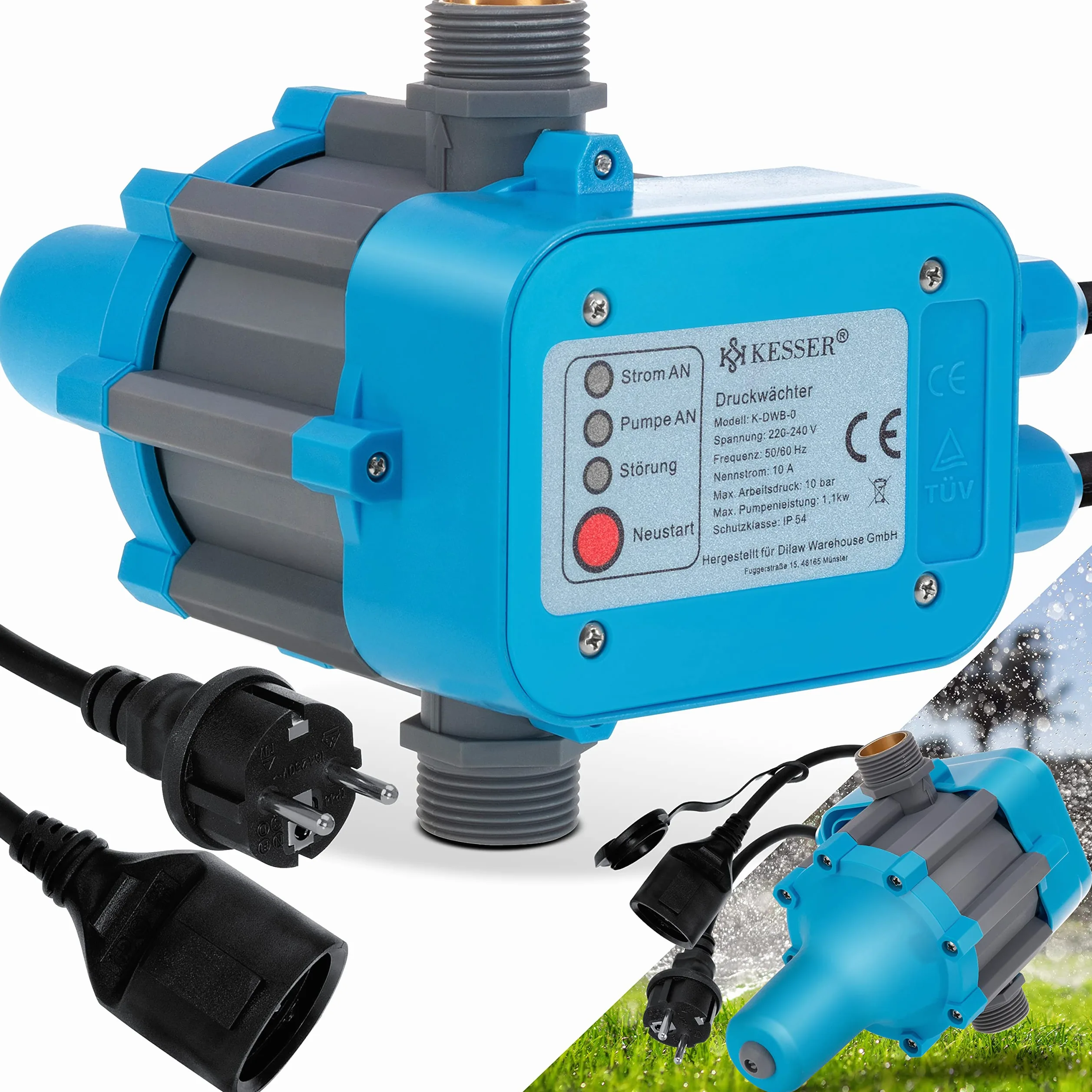KESSER Interrupteur de pression - 10 bar - Commande de pompe - Eau domestique - Arrosage de jardin - Avec câble - Pression constante de l'eau - Jardin et maison - Arrêt automatique