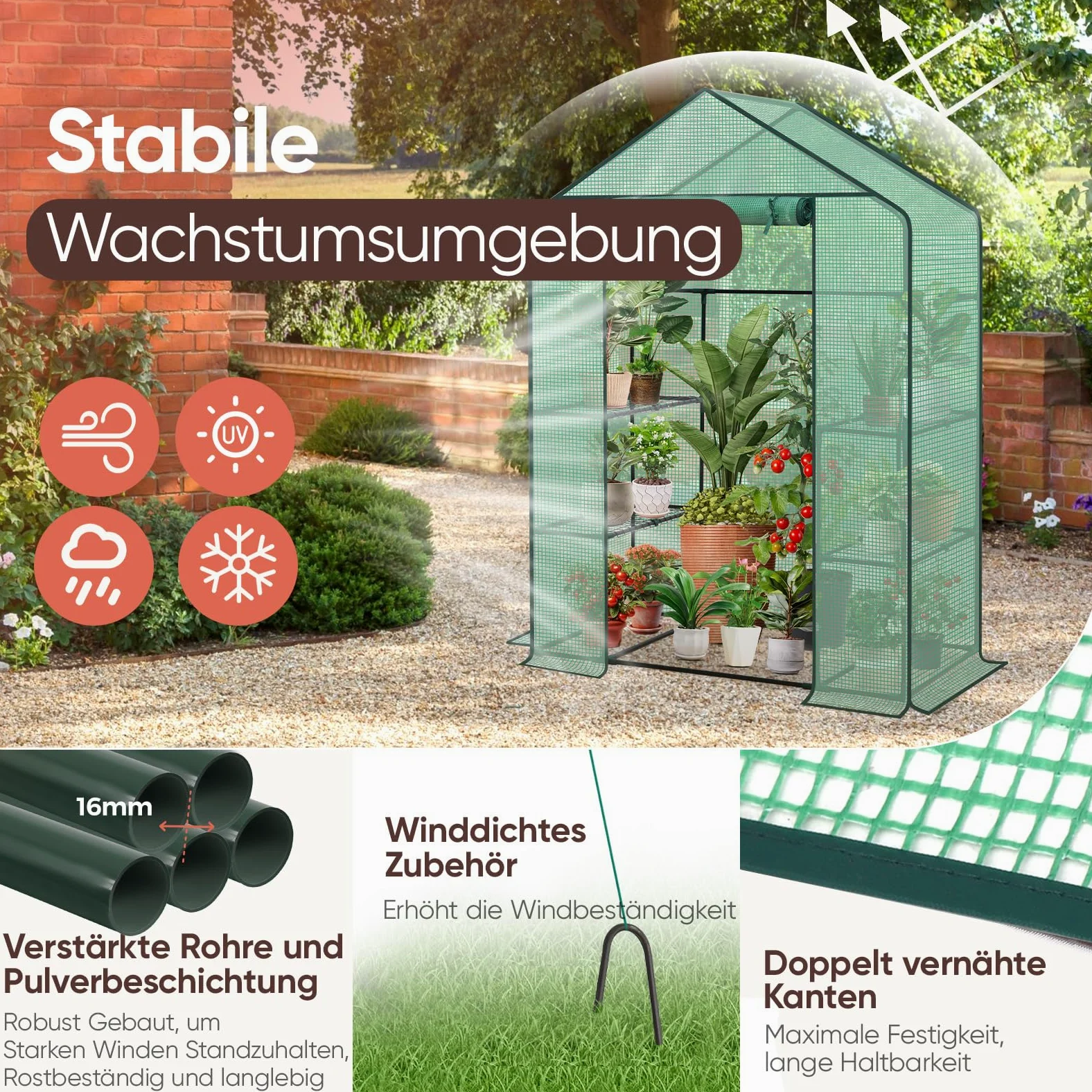 Sekey Serre de Balcon 200 x 145 x 75 cm, Stable, avec 4 étagères pour Une Croissance optimale des Plantes, Vert, Taille XL