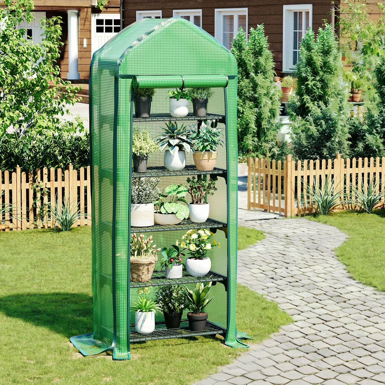 LARMNEE Mini Serre de Jardin 5 Étagère Grillagées, Cadre métallique et 140 g/m² PE Film Amovible, Porte Enroulable, Stable, Intérieur, Balcon, Terrasse, Jardin, 69 x 49 x 193 cm, Vert EGN05GH02