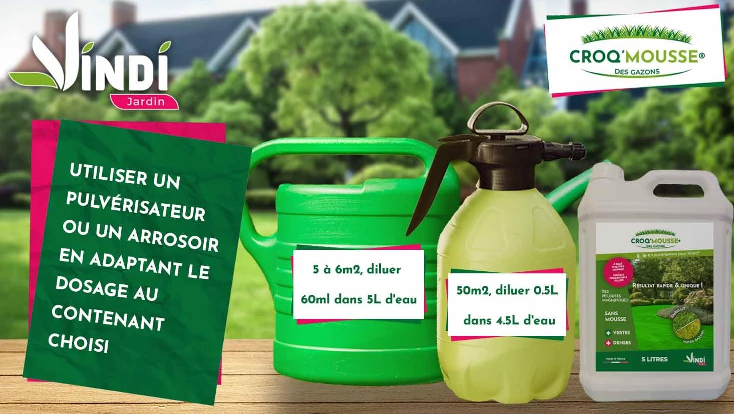 VINDI JARDIN - CROQ'MOUSSE des gazons – Engrais liquide organo-minéral 3 en 1 – Pelouse « sans mousse/+verte/+dense » - bidon 5L – Traitement pour 500m2 – Fabrication Française.