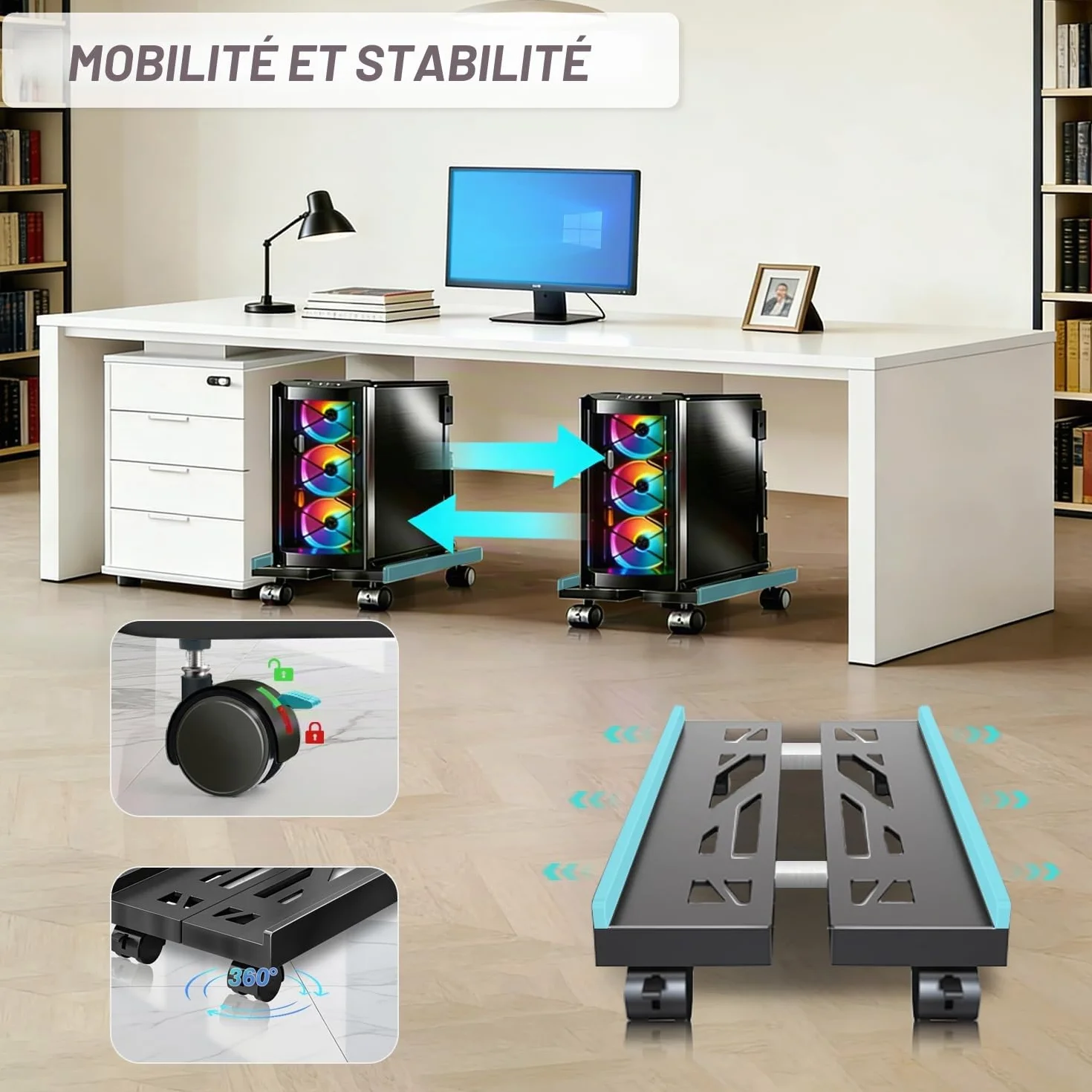 Support CPU réglable universel pour PC ordinateur de bureau avec roues pivotantes et roulettes Noir