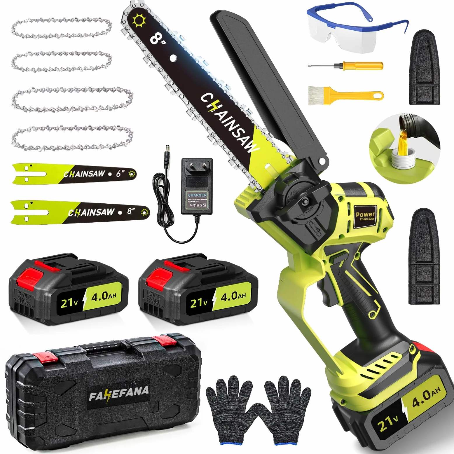 Mini Tronconneuse a Batterie 8 et 6 Pouces, 1300W Brushless Tronconneuse Electrique, 8000mAh Elagueuse Batterie Sans Fil, D'huile Automatique, Petite Tronçonneuse Compatible avec Makita pour Jardin