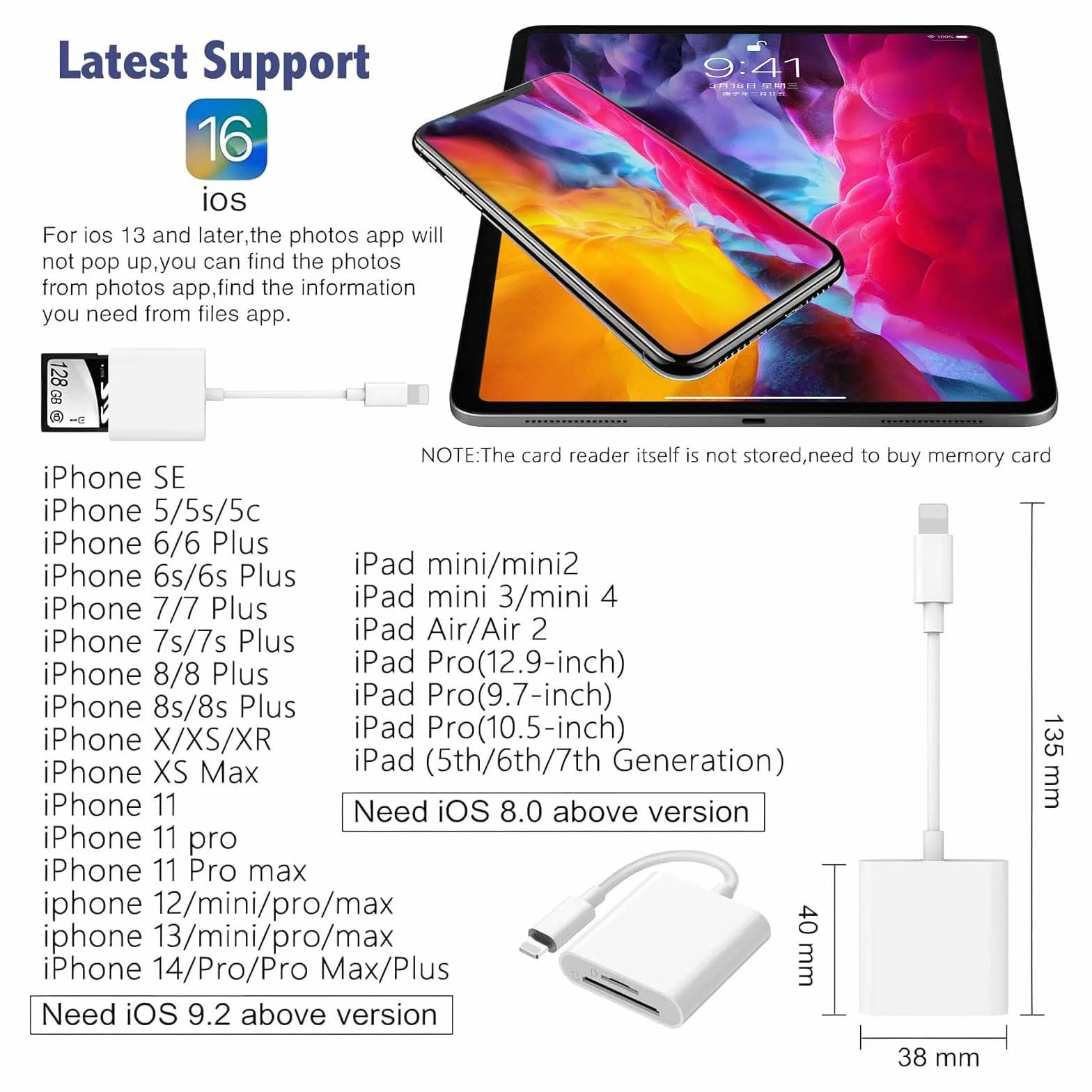 Lecteur de Carte SD pour iPhone iPad, Lightning Adaptateur SD Micro SD