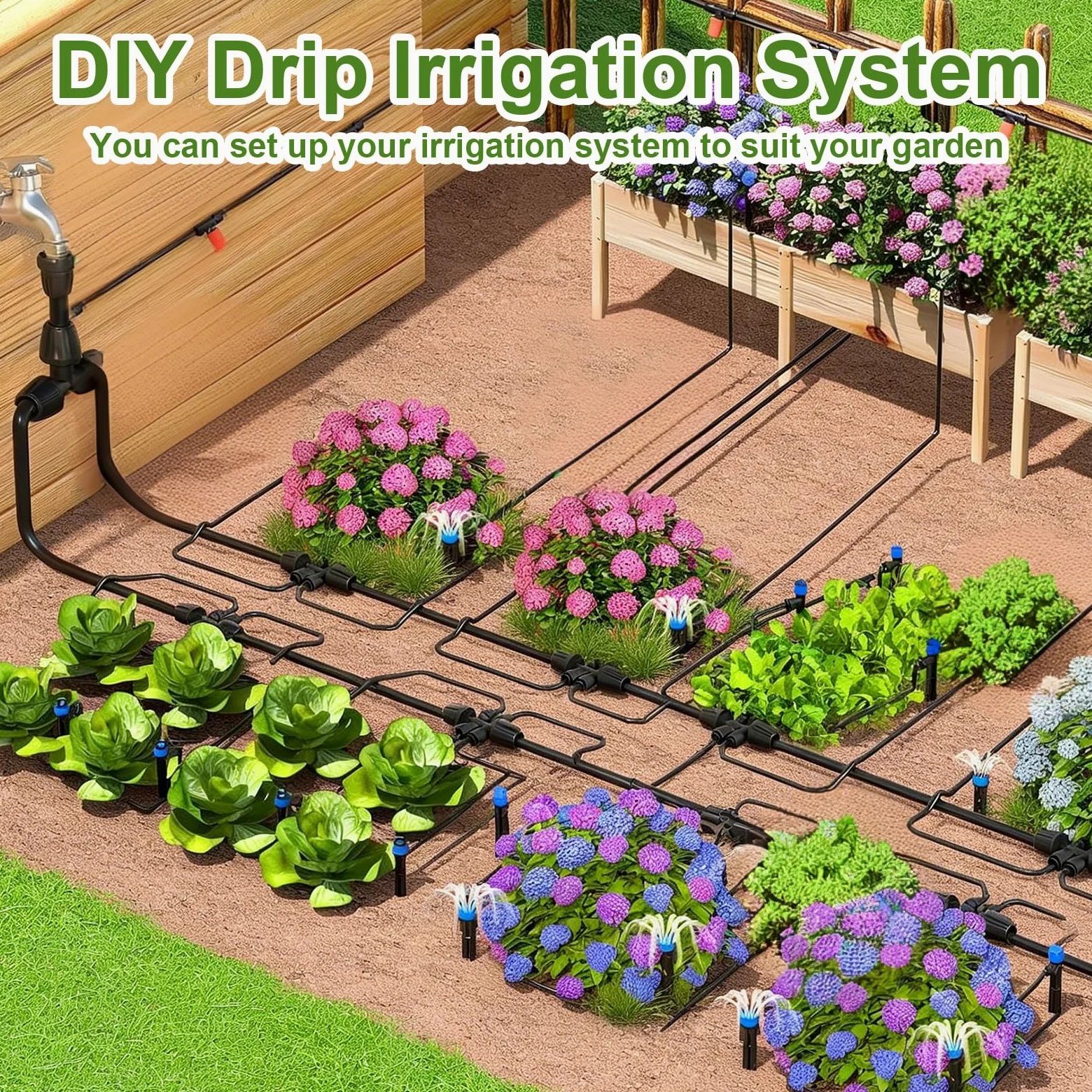 Système d'irrigation goutte à goutte réglable à 360° – Système d'arrosage de jardin de 15,2 m avec 16 buses, système d'irrigation de jardin, accessoires de serre, système d'atomisation pour cour