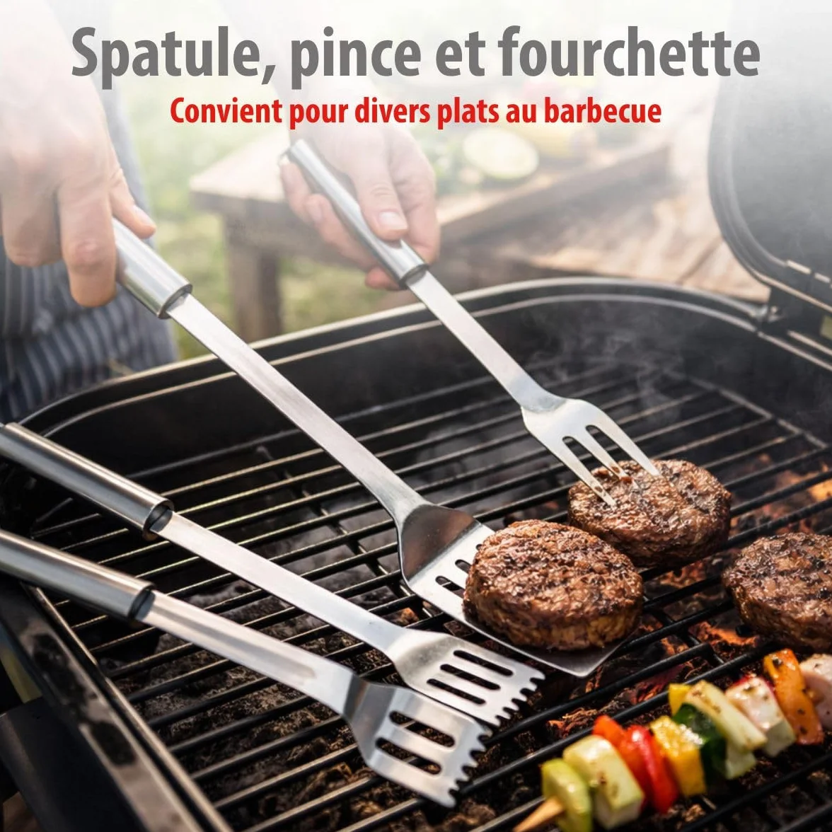 Alpina Kit Barbecue Ustensiles 3 Pièces - Pince et Spatule Acier Inoxydable - Fourchette à Viande Argent