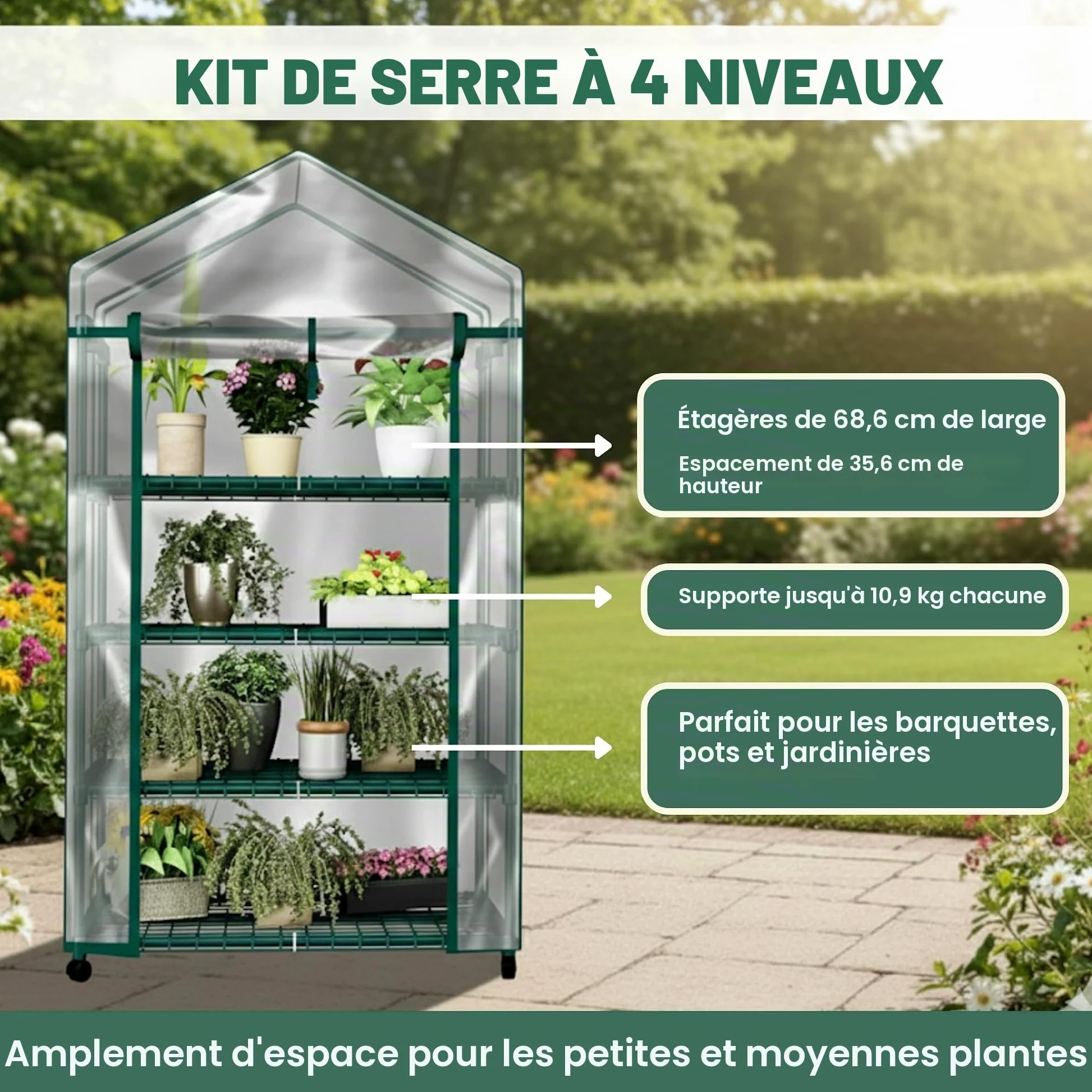 Home-Complete Mini Serre Portable à 4 Niveaux avec Roues verrouillables et Housse en PVC pour intérieur ou extérieur - 68,6 x 48,3 x 160 cm