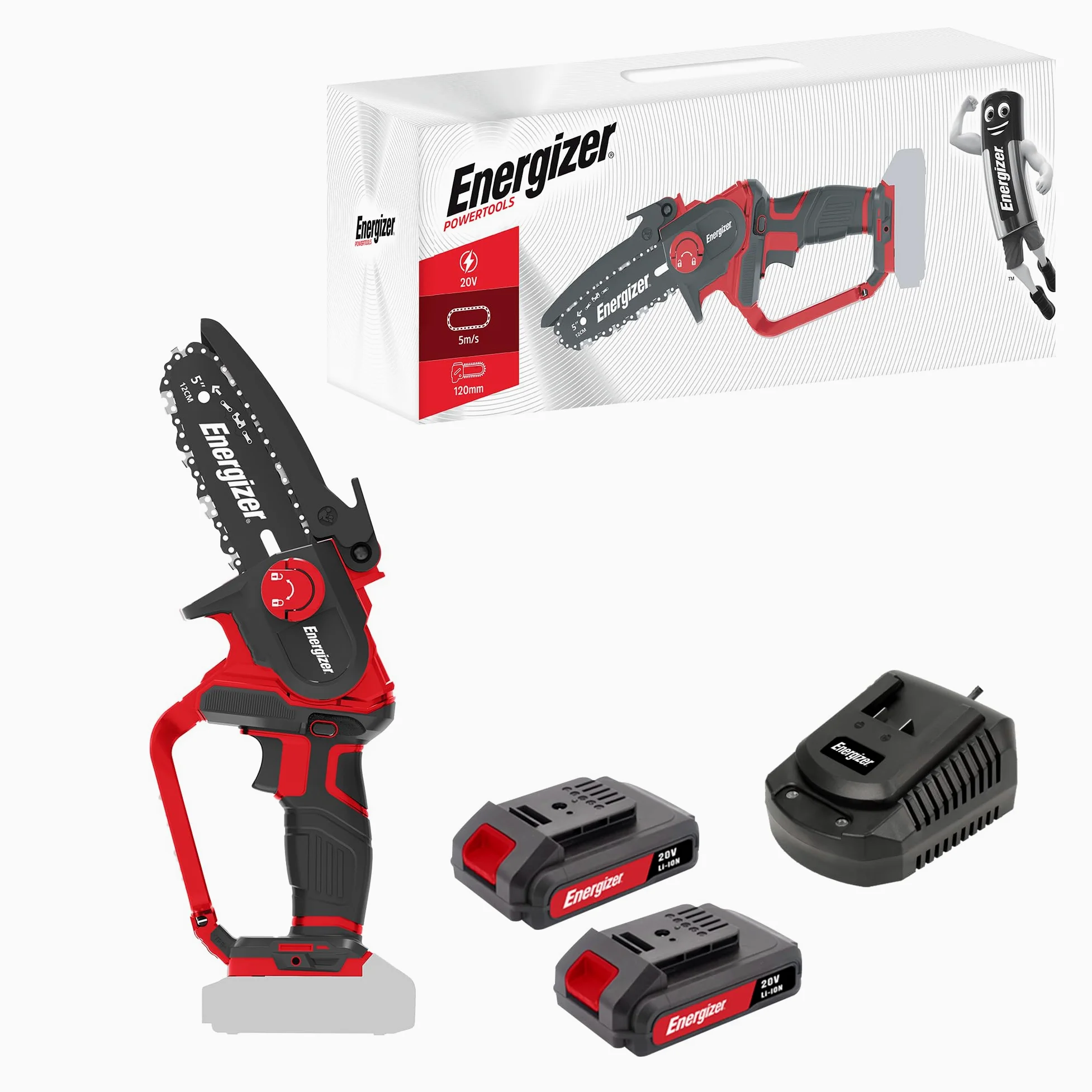 Energizer – Tronçonneuse Sans Fil 20V, Lame 120 mm – Vitesse 5 m/s – Ultra Compacte, Poignée Soft Grip – 2 Chaînes + Huile Incluses – Inclus 2 Batteries 2AH + Chargeur rapide Idéale Élagage, Jardinage